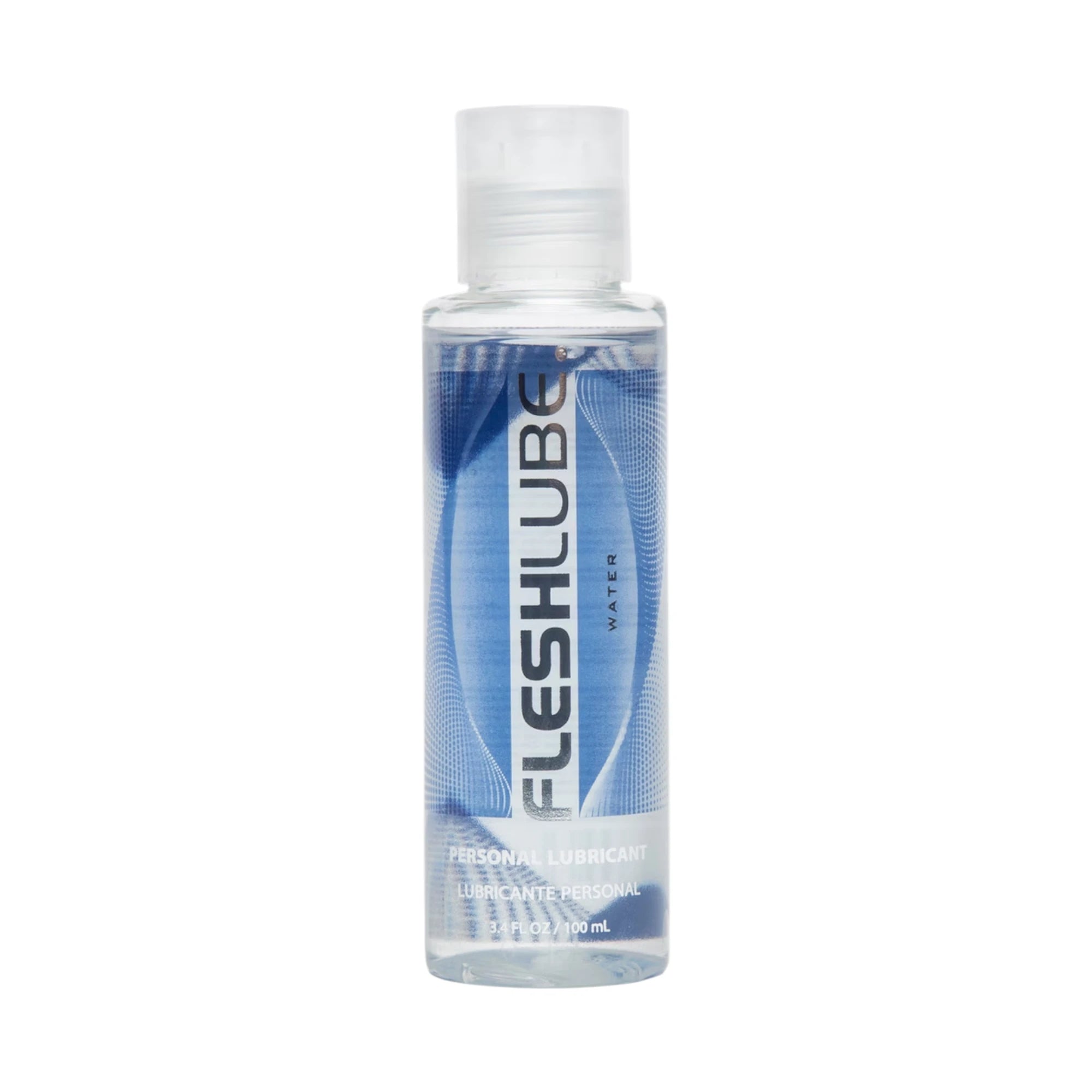 The Fleshlight Fleshlube Water-Based Lubricant (100ml) bottle with clear liquid, a clear flip-top cap, and a blue label with vertical ‘FLESHLUBE’ text, shown on a plain white background