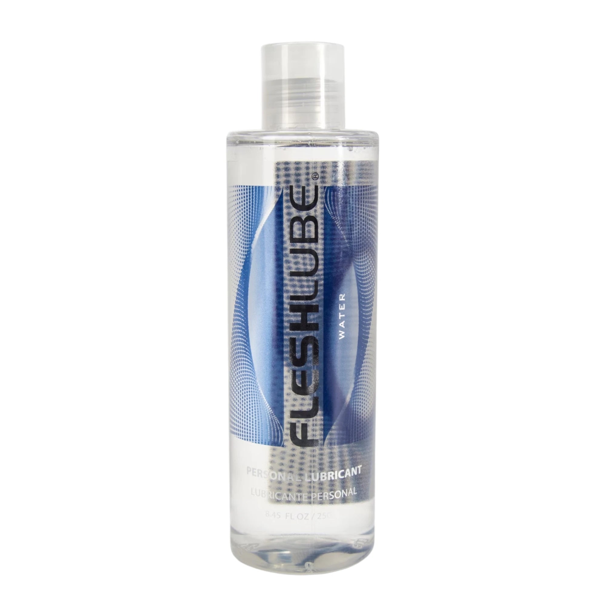 The Fleshlight Fleshlube Water-Based Lubricant (250ml) bottle with clear liquid, a clear flip-top cap, and a blue label with vertical ‘FLESHLUBE’ text, shown on a plain white background