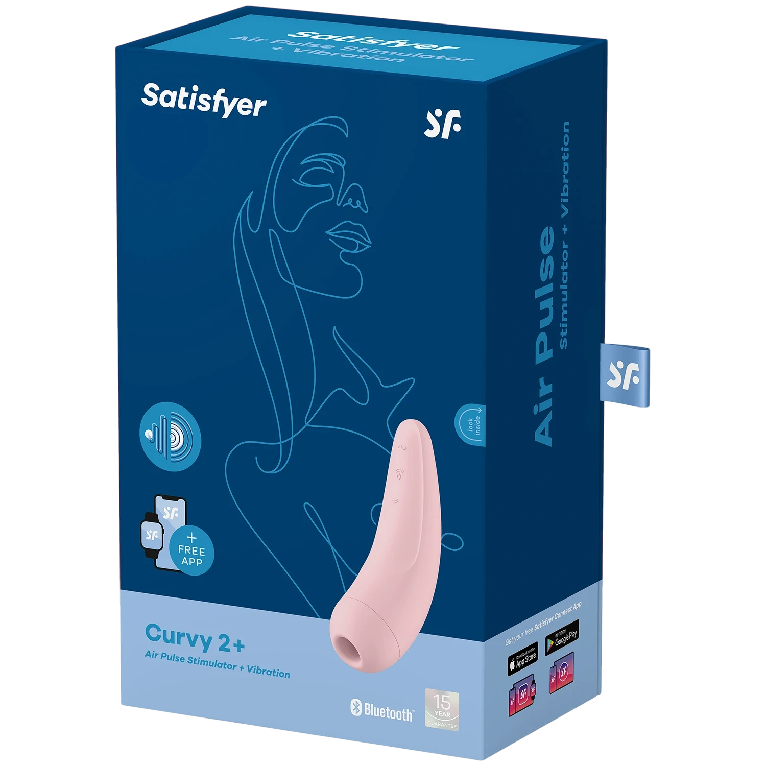 The Satisfyer Curvy 2+ clitoral suction vibrator retail box in dark blue with a product image on the front and ‘Curvy 2+’ branding, shown on a plain white background