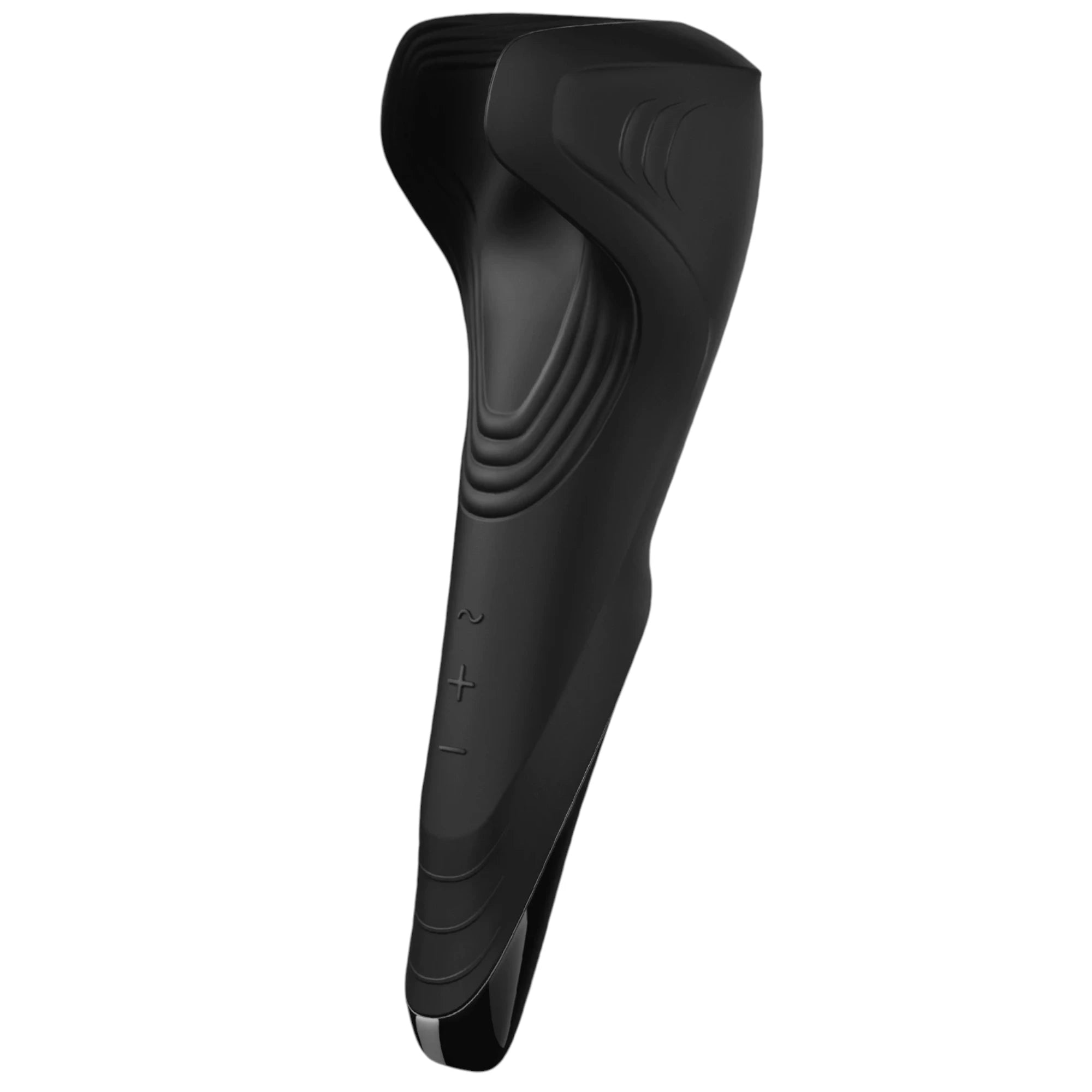 The Satisfyer Men Wand in black with a long curved handle, a wide angled massage head with textured ridges, and plus-minus control buttons on the front, shown on a plain white background