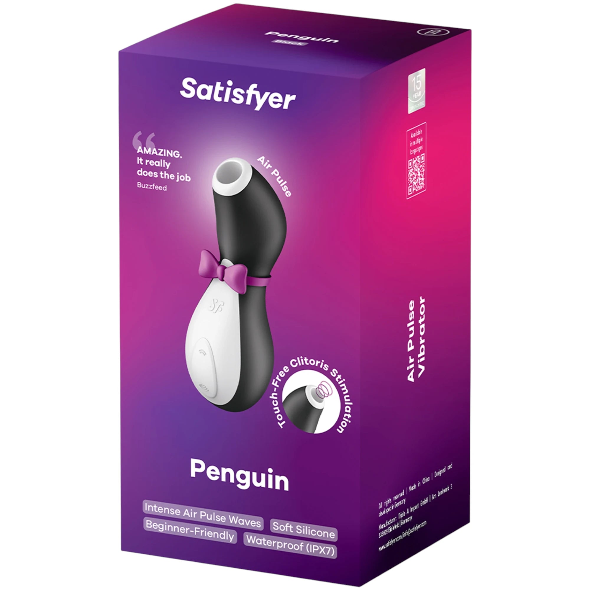 The Satisfyer Penguin clitoral suction stimulator retail box in purple with a product image on the front and ‘Penguin’ branding, shown on a plain white background