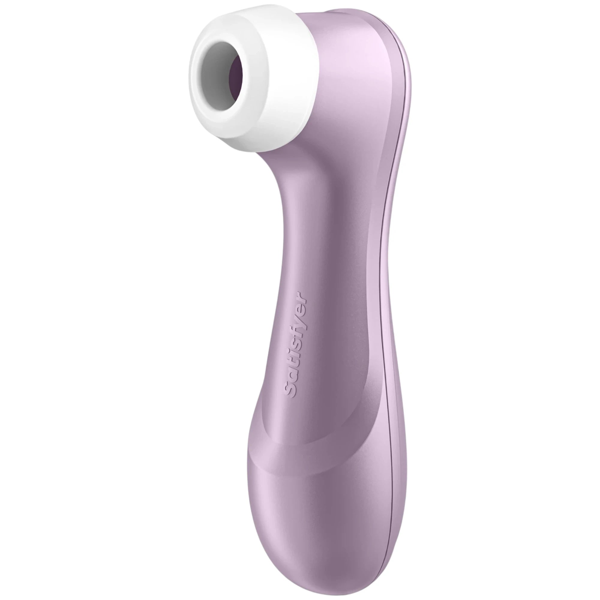 The Satisfyer Pro 2 Generation 2 clitoral stimulator in purple with a curved handle and a white silicone suction head featuring a circular opening, shown on a plain white background