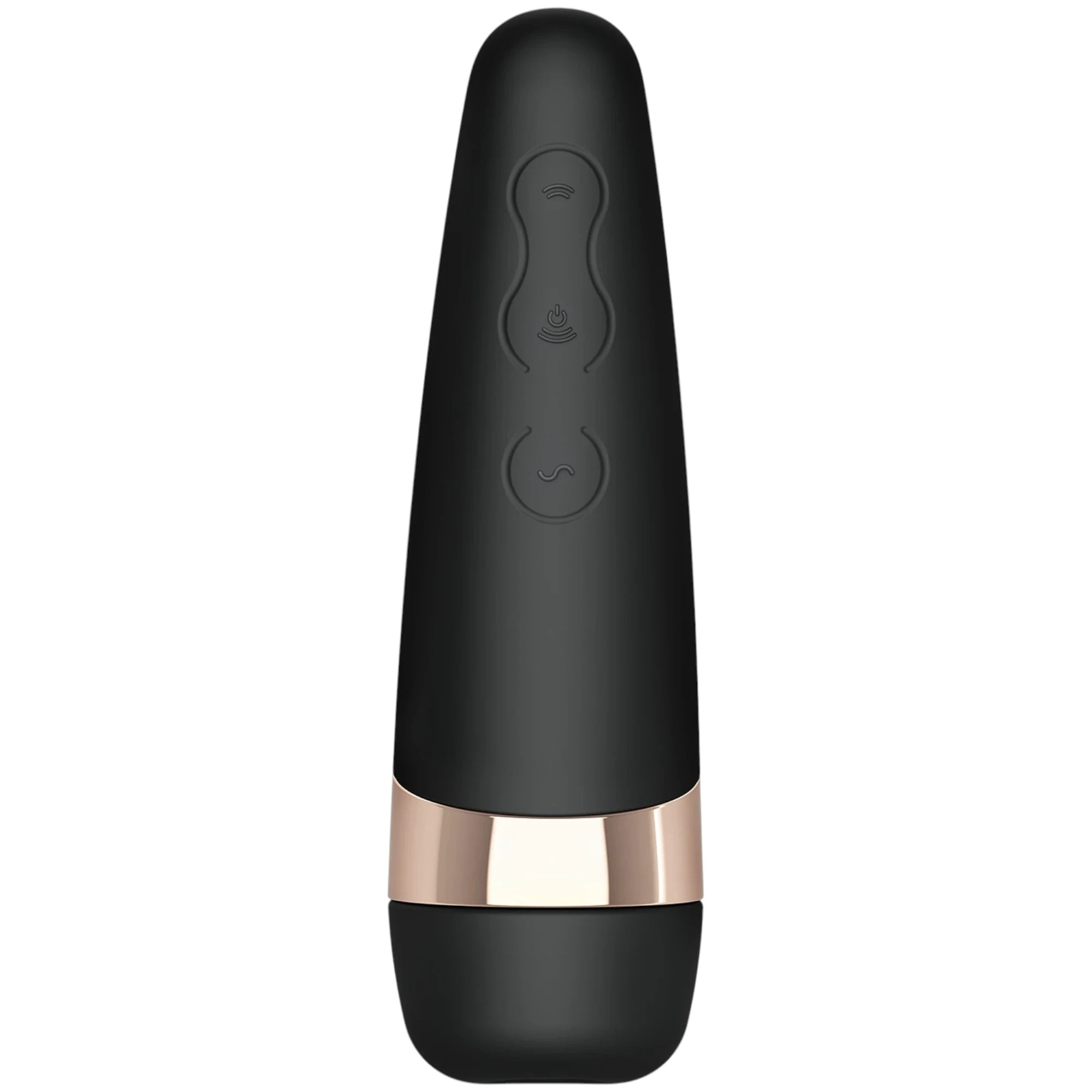 The Satisfyer Pro 3+ vibrating clitoral stimulator in black with a tapered cylindrical body, a rose gold band around the centre, and embossed control icons on the front, shown on a plain white background