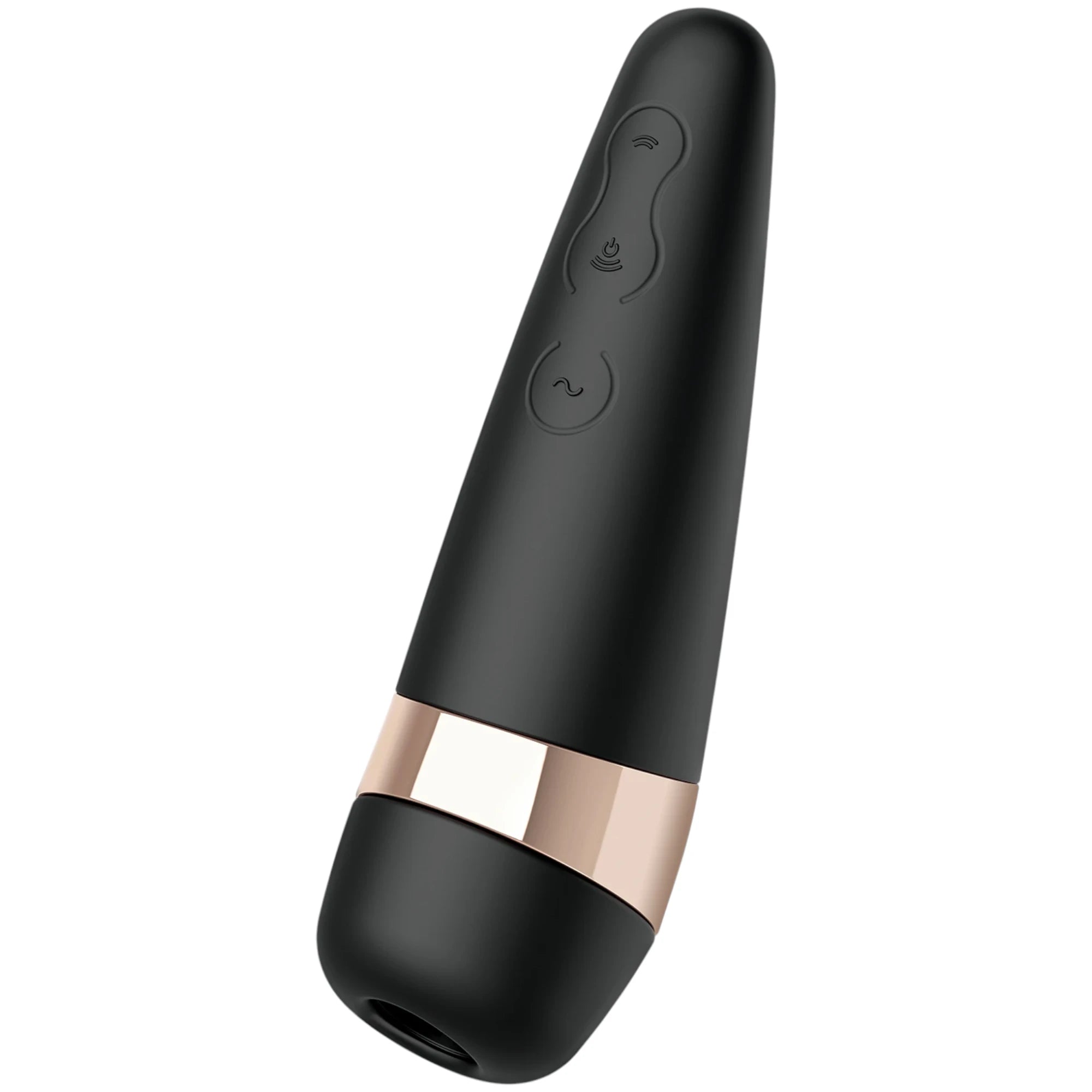 The Satisfyer Pro 3+ vibrating clitoral stimulator in black with a tapered cylindrical body, a rose gold band around the centre, and embossed control icons on the front, shown on a plain white background