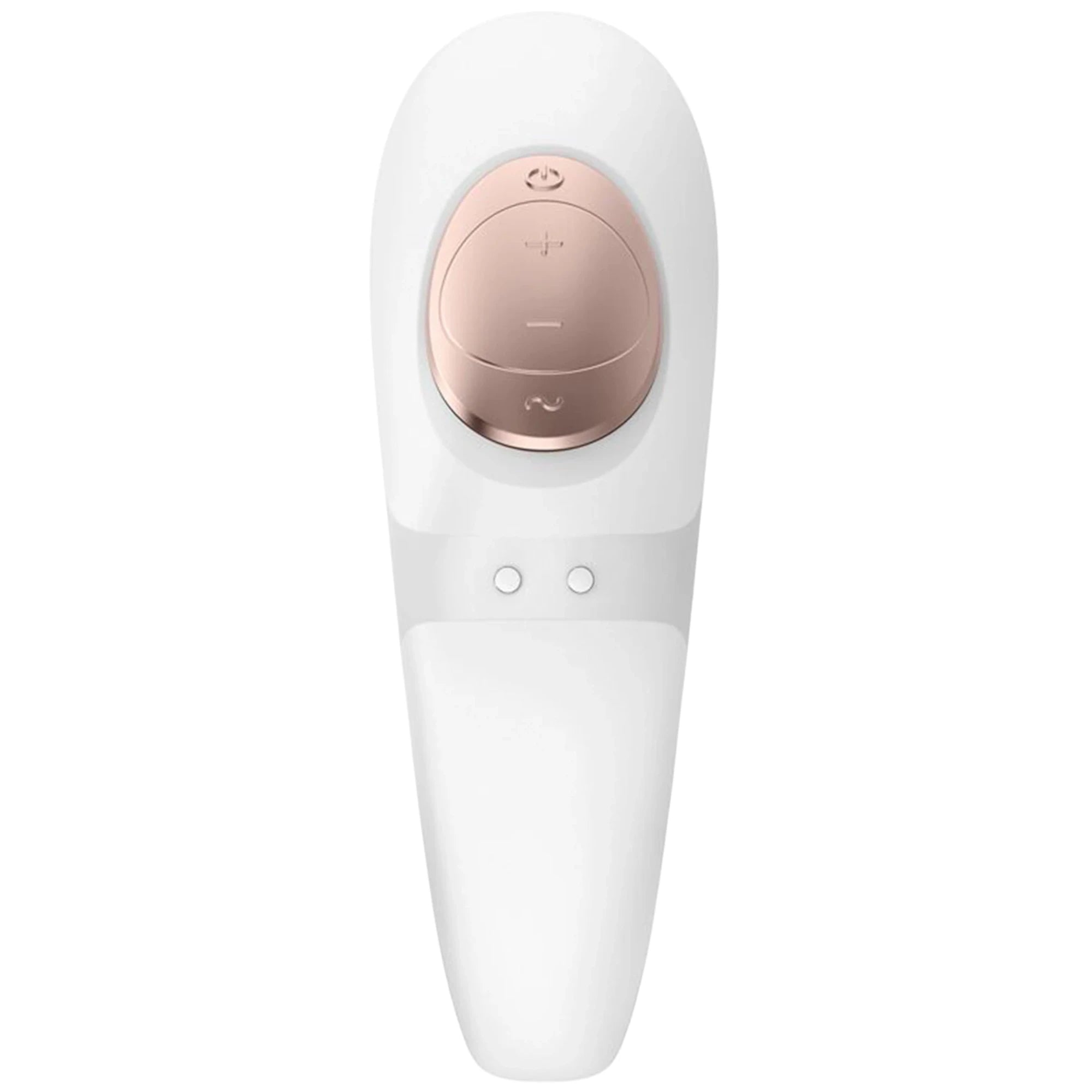 The Satisfyer Pro 4 couple’s vibrator in white with a rose gold control panel on the front and two small charging contact points below it, shown on a plain white background