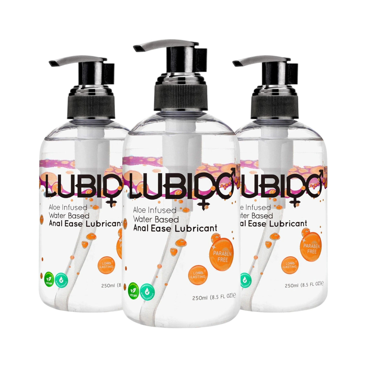 3 Lubido Anal Ease aloe infused water-based lubricant 250ml pump bottles shown from front displaying clear gel formula, black pump dispenser, Lubido branding, 'Aloe Infused Water Based Anal Ease Lubricant' label, 'Paraben Free' and 'Long Lasting' badges, vegan and cruelty-free icons, and orange bubble design against white background