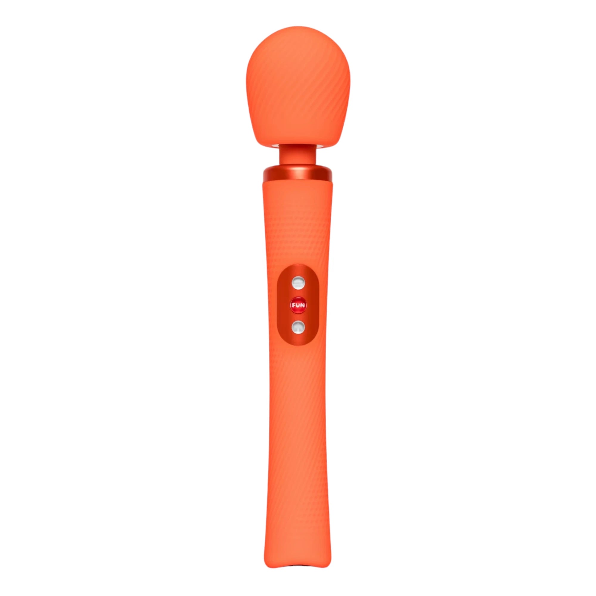 Fun Factory VIM extra quiet wand massager in coral orange silicone with rounded head, control buttons, and textured grip handle against white background