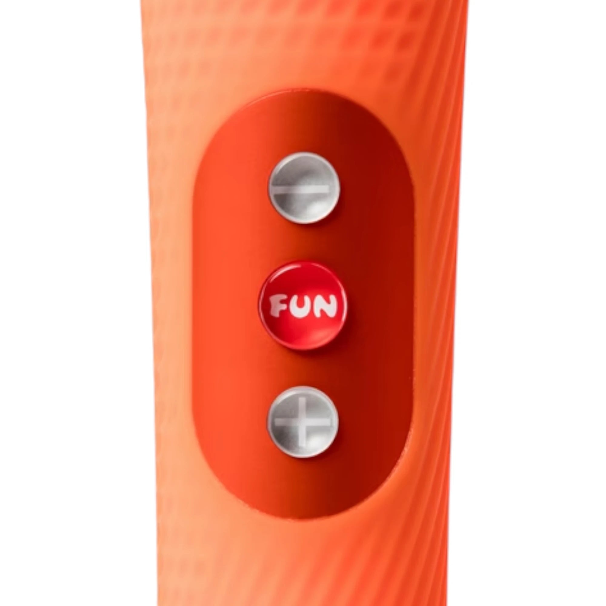 Fun Factory VIM extra quiet wand massager in coral orange silicone shown from side displaying textured grip, control buttons with FUN branding, and rounded head against white background