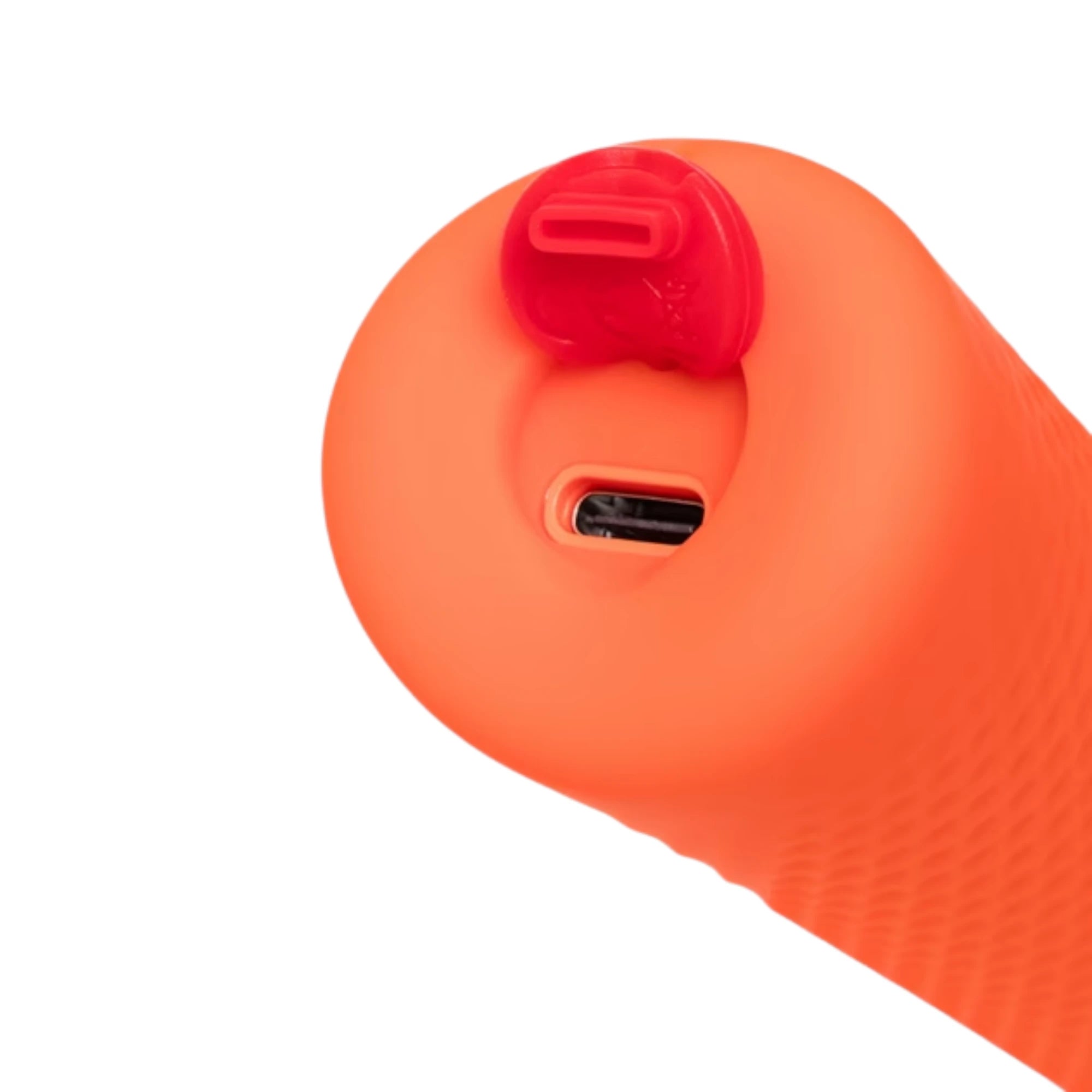 Fun Factory VIM extra quiet wand massager in coral orange silicone shown from above displaying rounded textured head, red power button, and USB charging port against white background