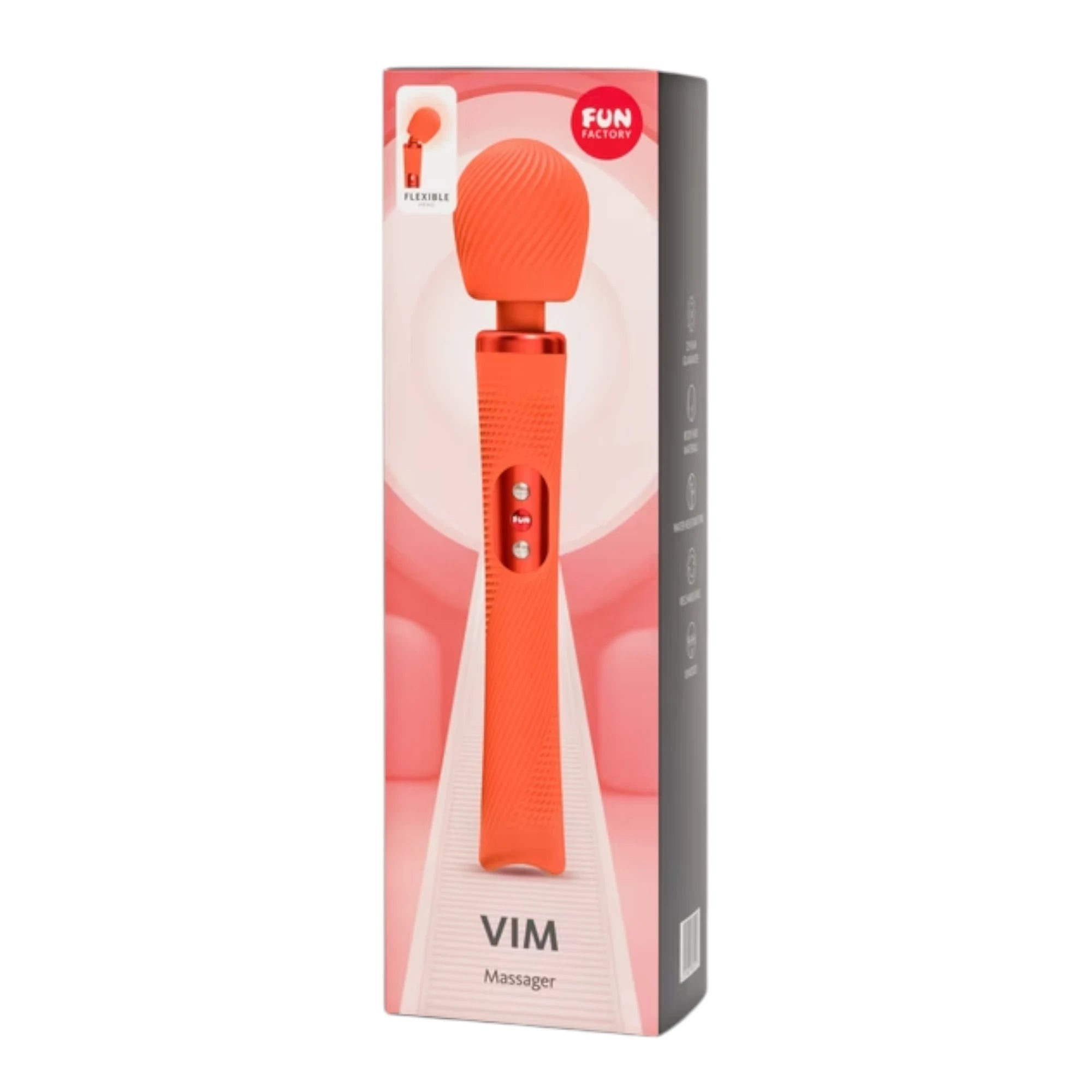 Fun Factory VIM extra quiet wand massager in coral orange packaging box with product image, 'Flexible' badge, and FUN Factory branding against white background