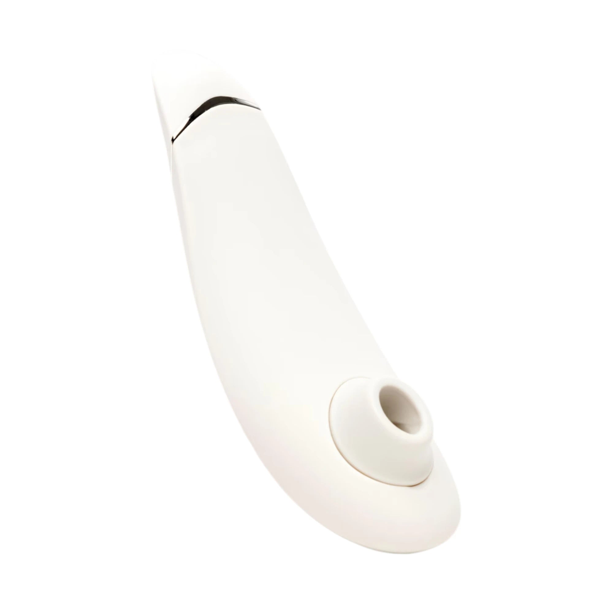 Womanizer Premium 2 white clitoral suction vibrator with silver accent band against white background