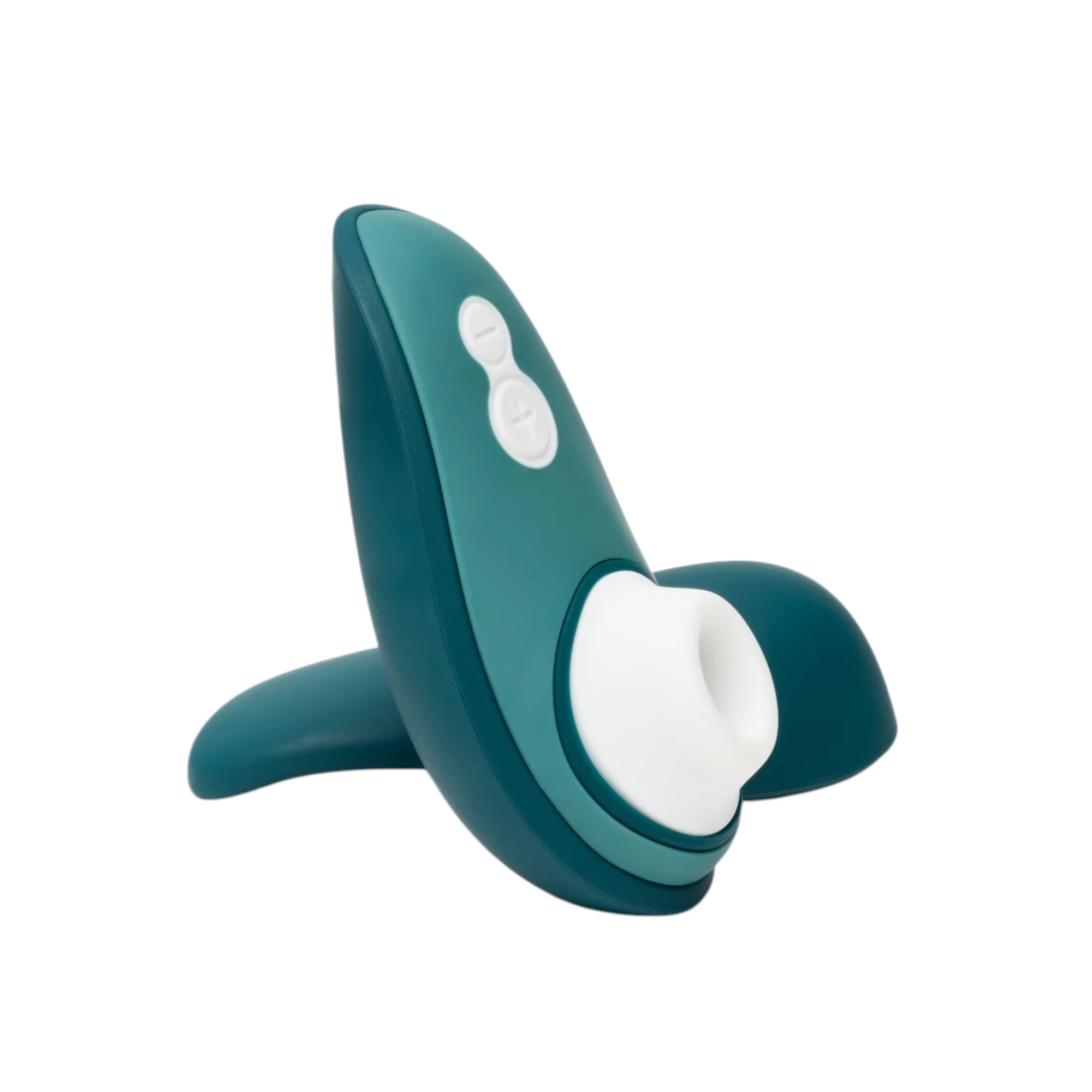 Womanizer Liberty 2 teal clitoral suction vibrator with charging stand against white background
