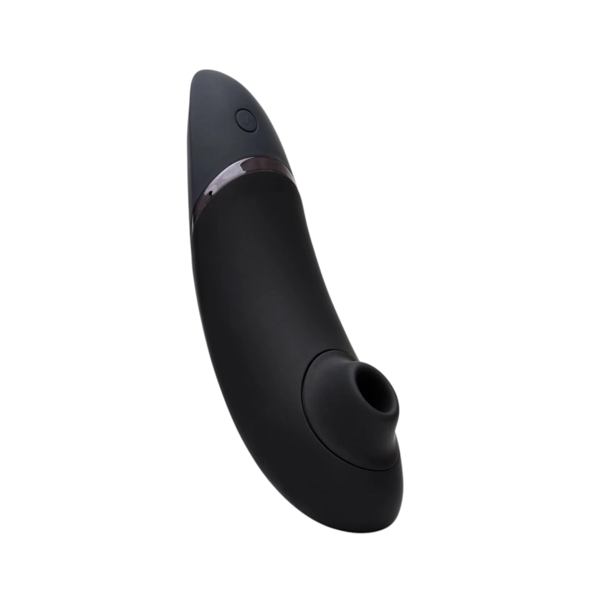 Womanizer Next clitoral suction stimulator in black, shown at an angled side view with a curved ergonomic body, metallic accent band and the suction nozzle opening visible at the tip against a white background