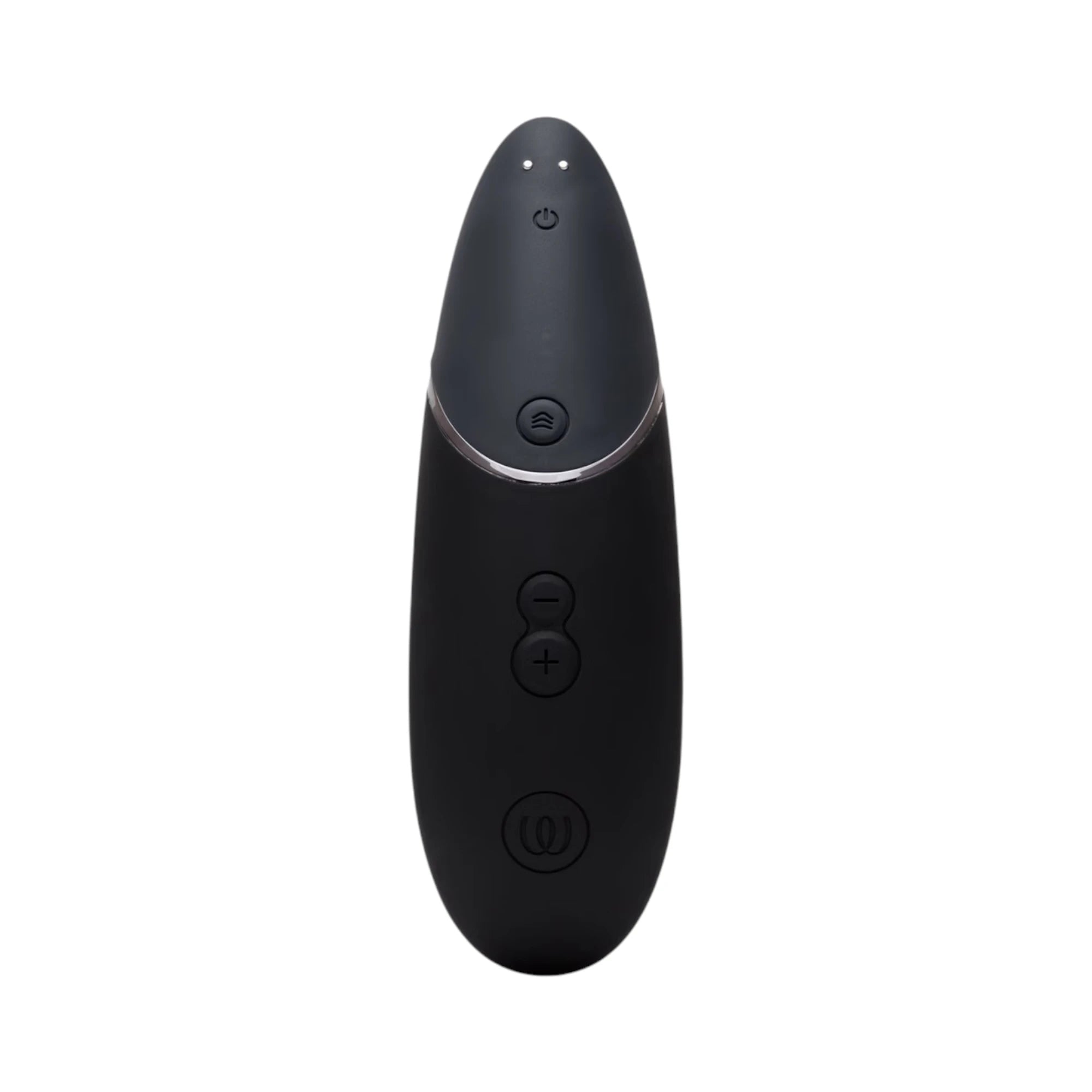 Front view of the Womanizer Next clitoral suction stimulator in black, showing the curved body, metallic accent band and the control buttons on the handle against a white background
