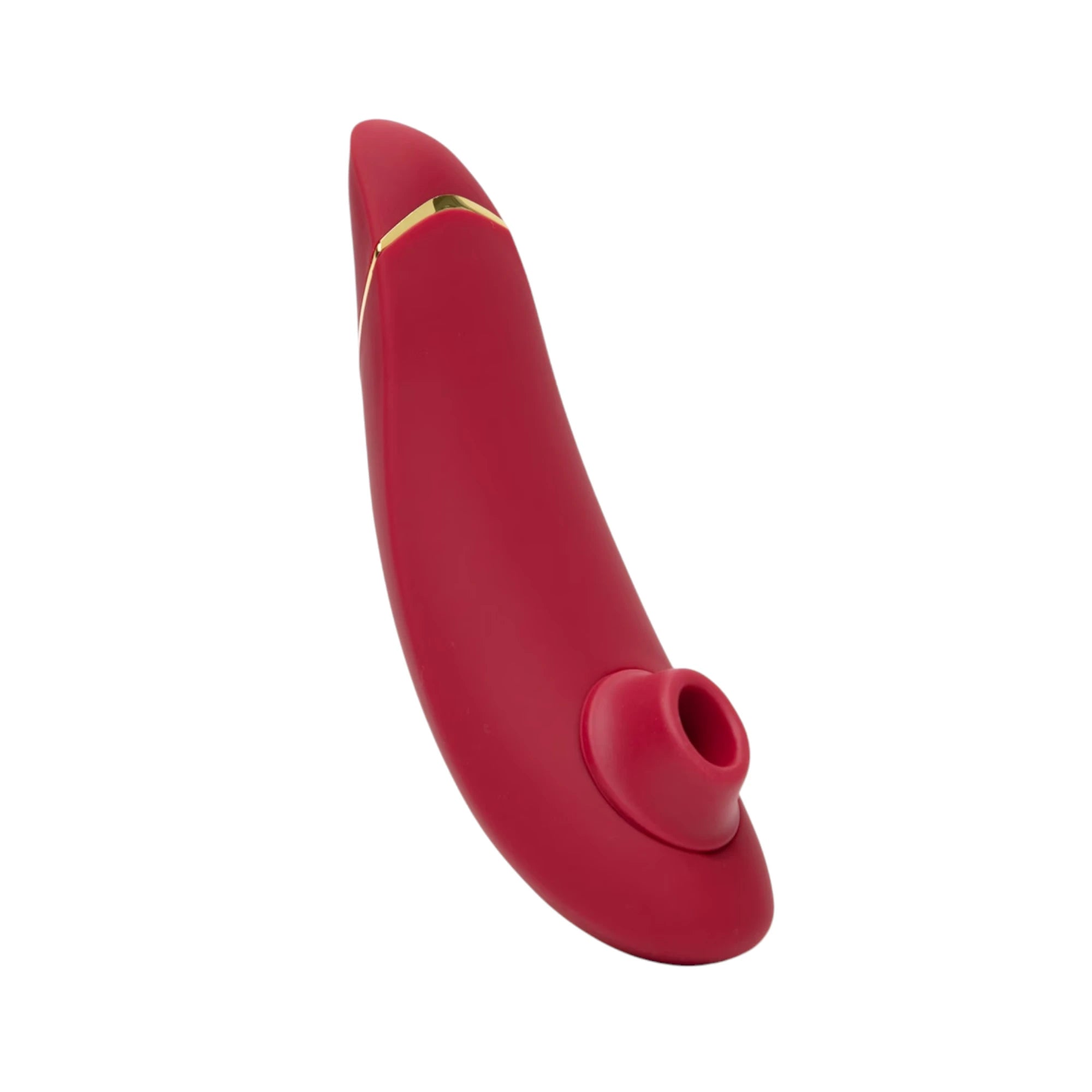 Womanizer Premium 2 burgundy clitoral suction vibrator with gold accent band against white background