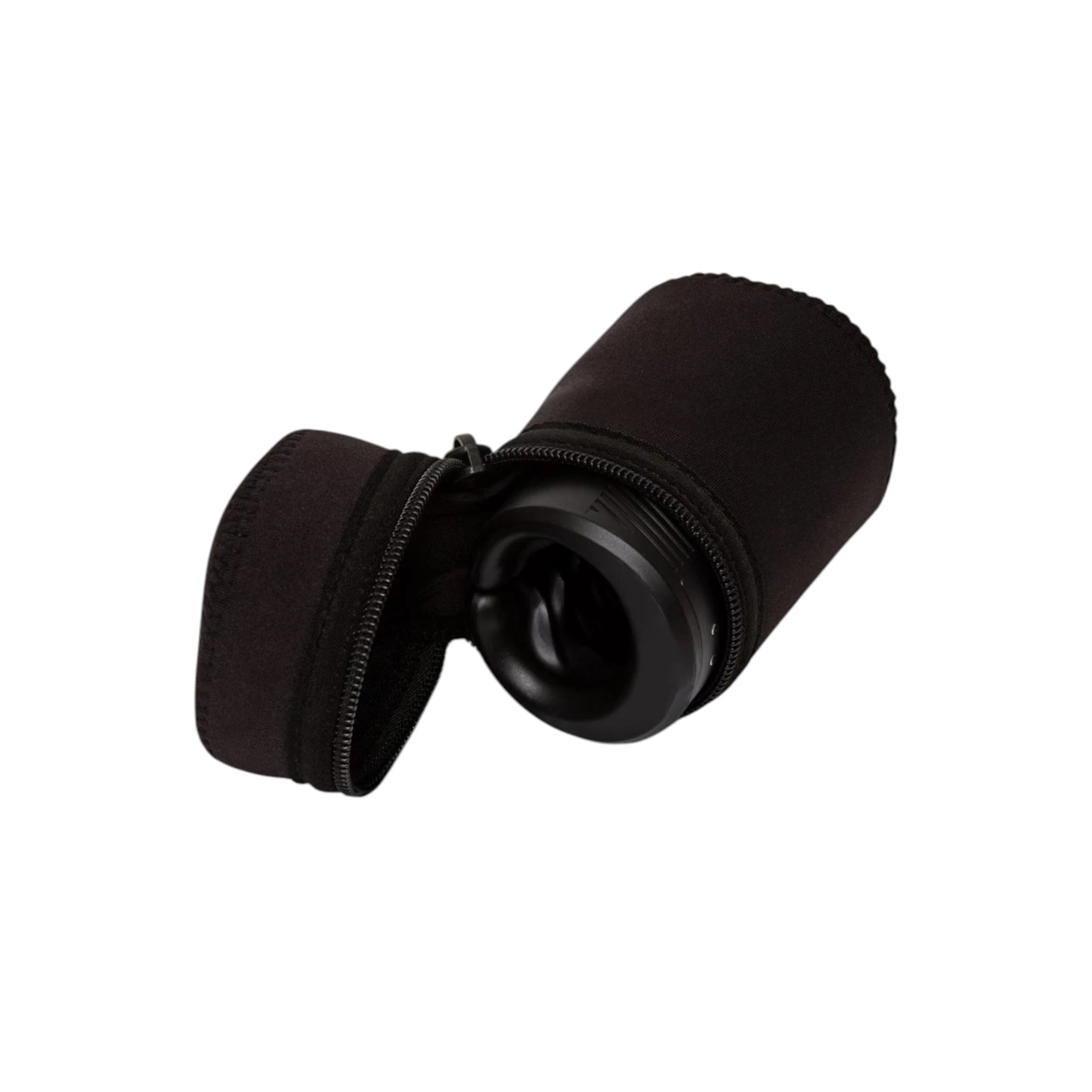 Arcwave Zing black vibrating male masturbator with black neoprene storage case featuring zipper closure against white background