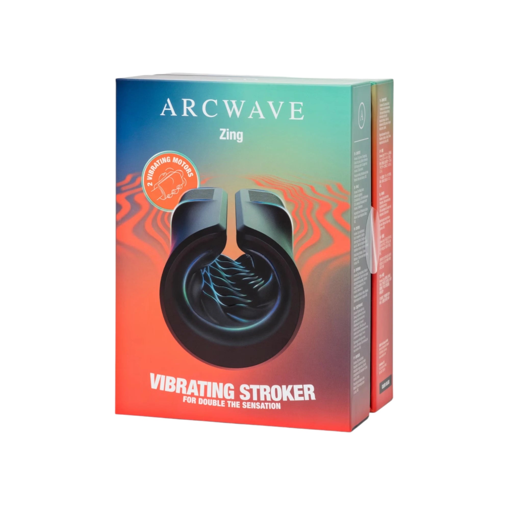 Arcwave Zing packaging box with gradient blue, teal, and orange design showing dual-entrance product illustration, '2 Vibrating Motors' badge, and 'Vibrating Stroker For Double The Sensation' text against white background
