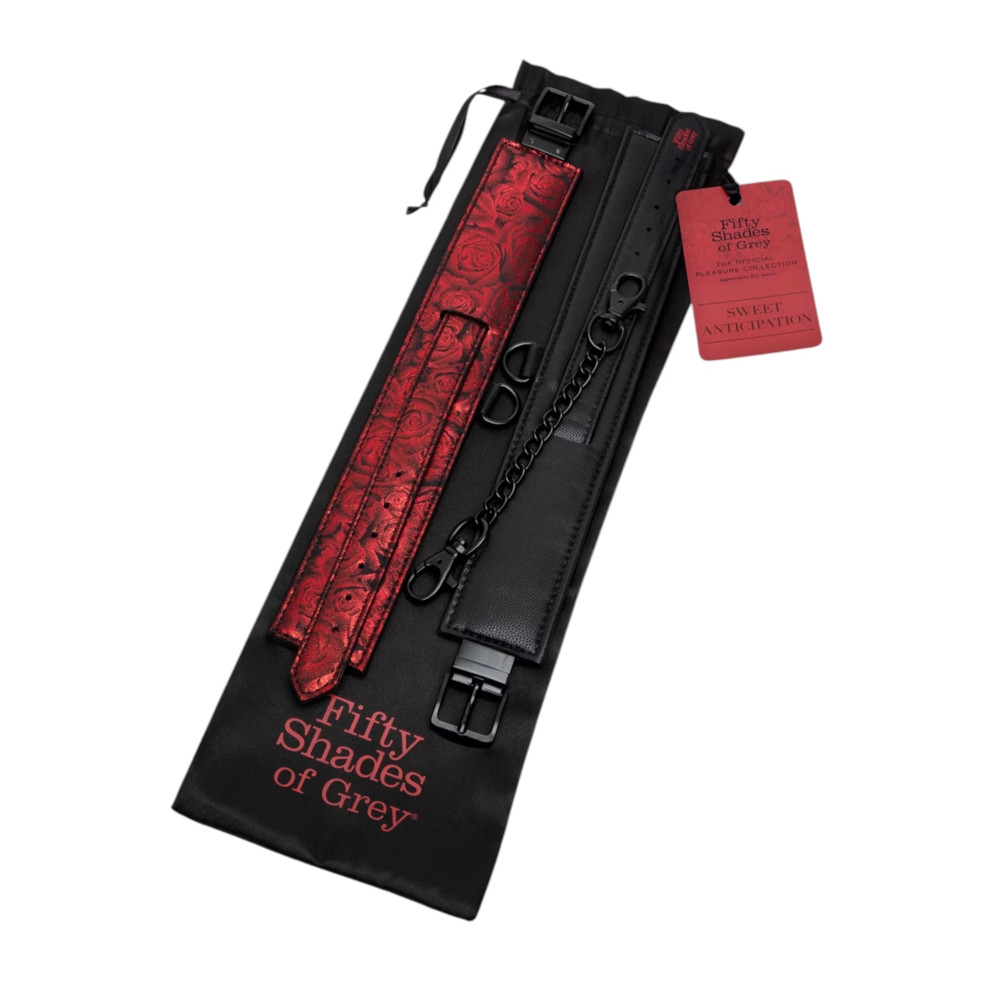 Fifty Shades of Grey Sweet Anticipation bondage belt set shown from above displaying burgundy damask patterned belt, black leather belt, black metal chain connector, and branded storage pouch with Sweet Anticipation tag against white background