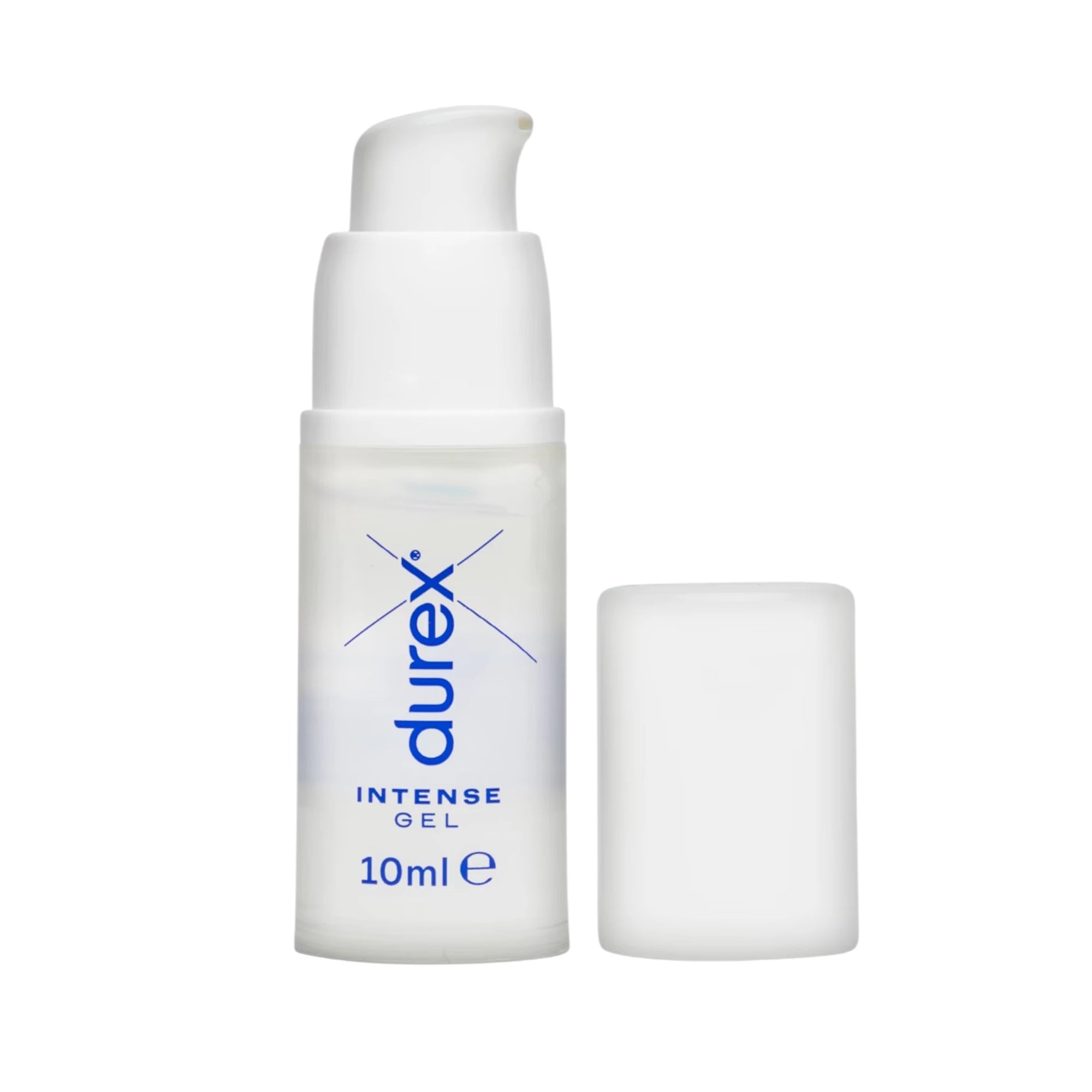 Durex Play Intense clitoral stimulating gel 10ml bottle shown from front displaying white pump dispenser, clear gel formula, Durex branding, 'Intense Gel' label, displayed with white protective cap against white background
