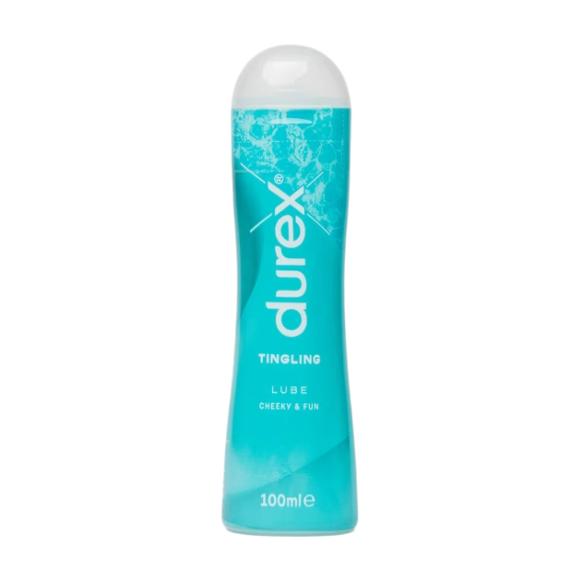 Durex Play Tingle water-based lubricant 100ml bottle shown from front displaying white flip-top cap, turquoise gel formula, Durex branding, 'Tingling Lube' label, 'Cheeky & Fun' text, and splash texture design against white background