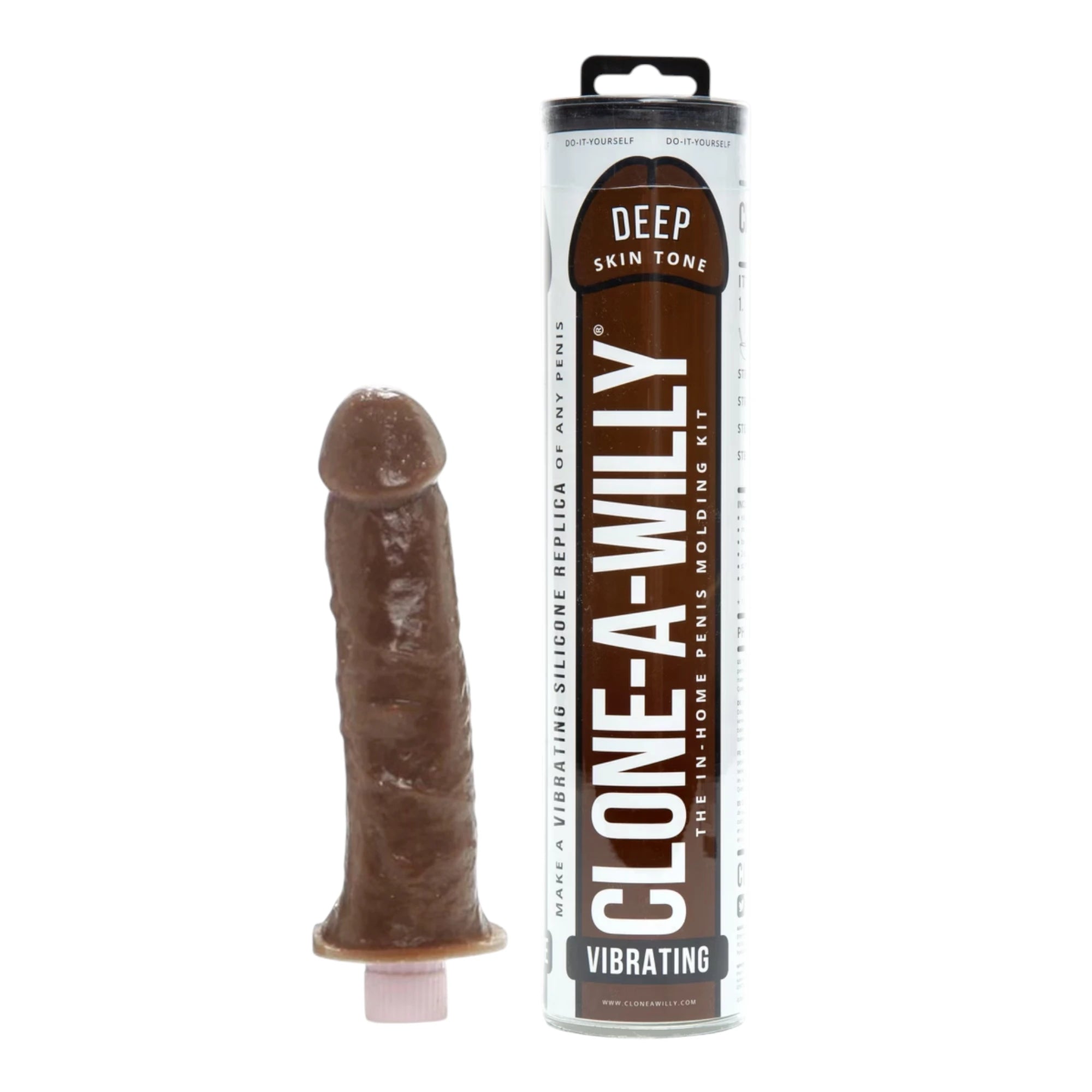 Clone-A-Willy vibrating penis moulding kit in deep skin tone displayed with finished dark brown silicone vibrating dildo replica and packaging box against white background