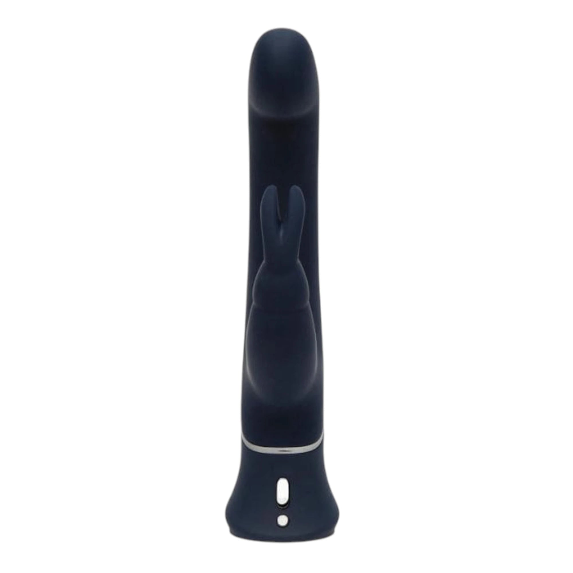 Fifty Shades of Grey Greedy Girl G-spot dual density rabbit vibrator in black shown from front displaying curved shaft, external rabbit ear stimulator detail along body, silver accent band, control buttons at base, and smooth silicone finish against white background