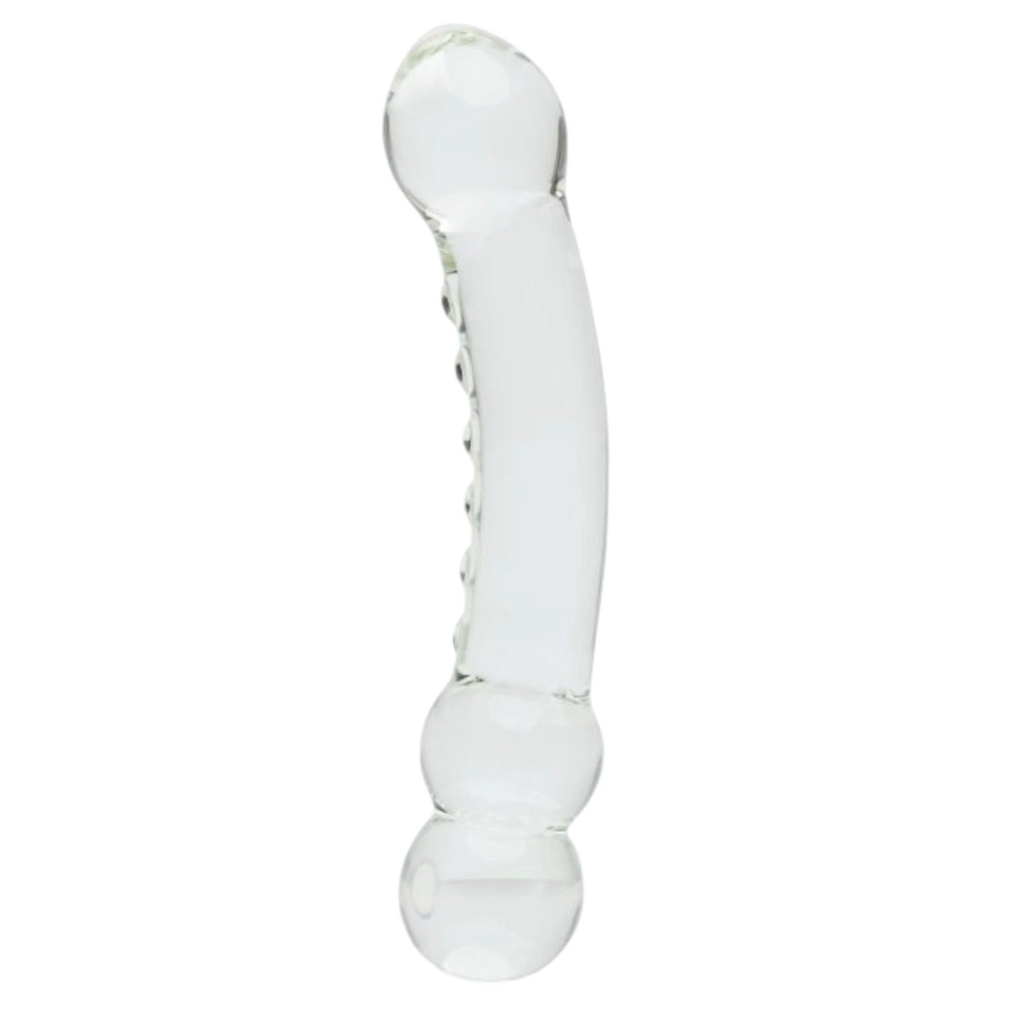 Fifty Shades of Grey Drive Me Crazy clear glass massage wand shown from front displaying smooth curved shaft, rounded bulb tip, textured grip bumps along side, and double rounded base design against white background