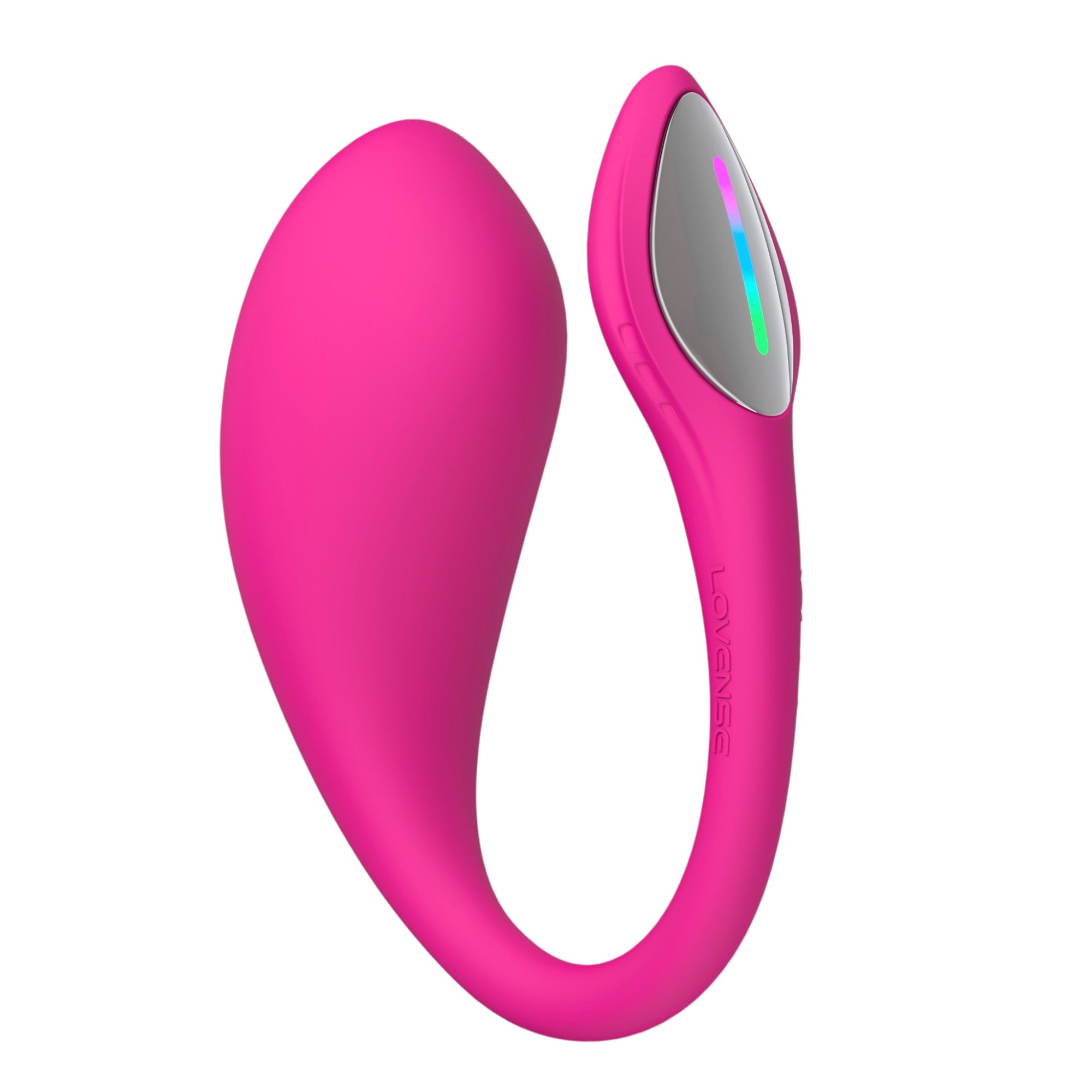 Lovense Lush 4 app-controlled vibrating egg in hot pink shown from front displaying wearable egg shape, flexible tail, silver control panel with multicolour LED light strip, and smooth silicone finish against white background