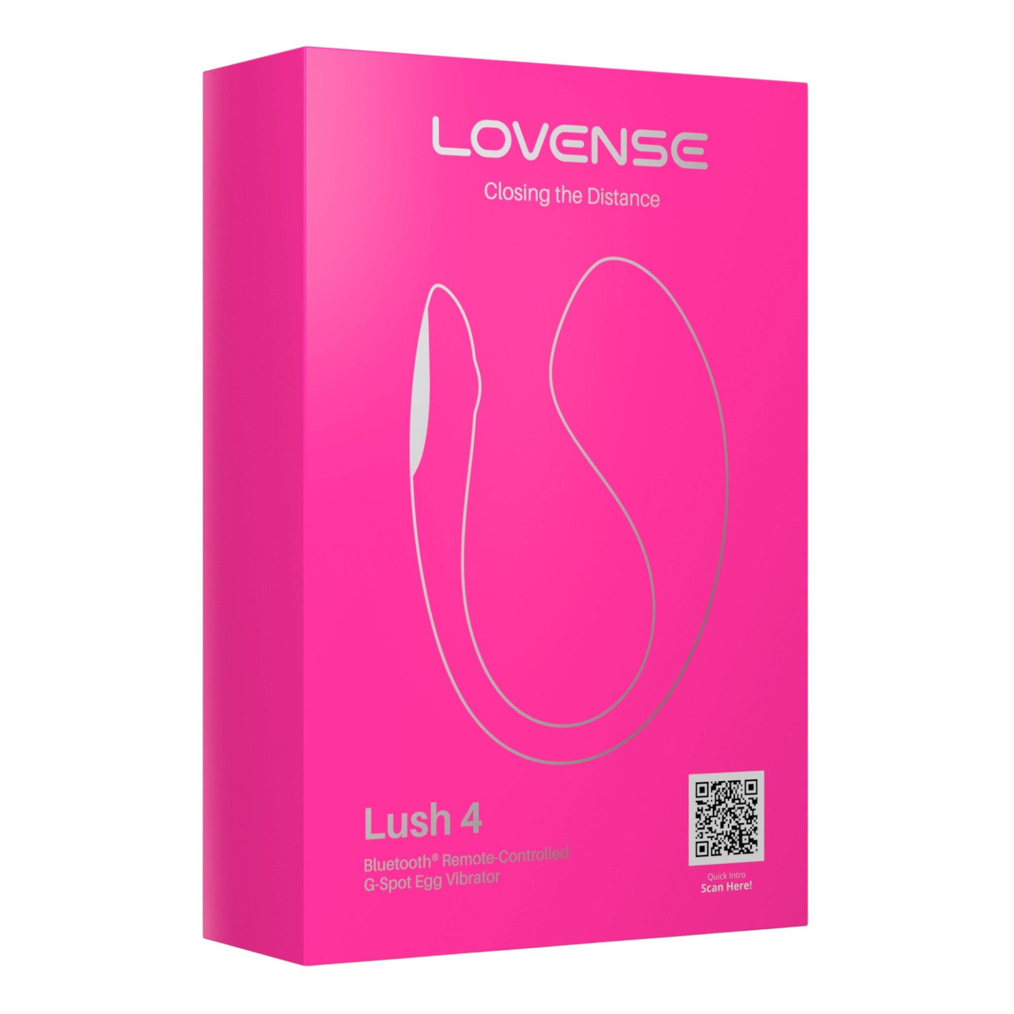 Lovense Lush 4 app-controlled vibrating egg packaging box shown from front displaying Lovense branding, 'Closing the Distance' tagline, 'Lush 4' label, 'Bluetooth Remote-Controlled G-Spot Egg Vibrator' text, product outline illustration, QR code, hot pink packaging design against white background