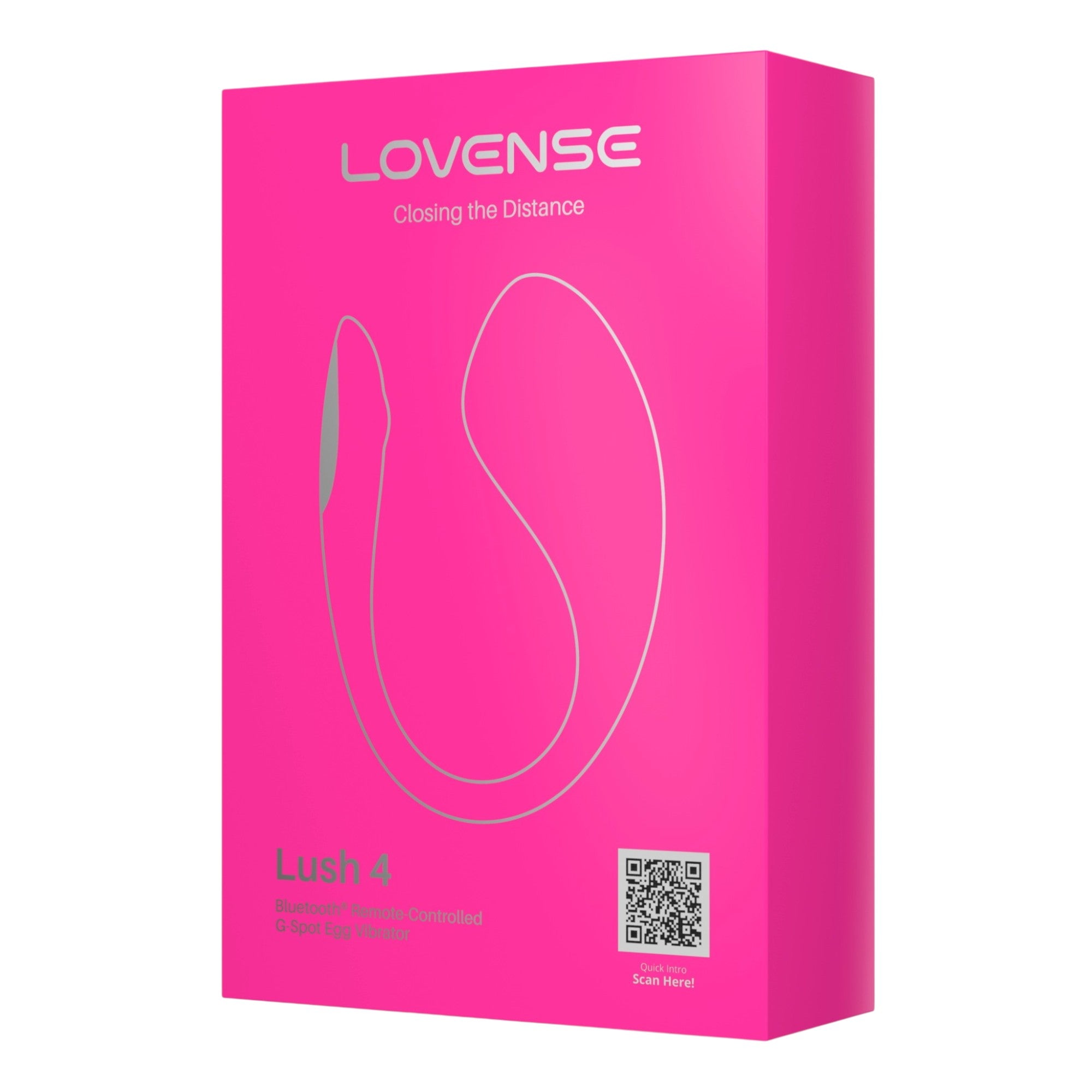 Lovense Lush 4 app-controlled vibrating egg packaging box shown from angled side view displaying Lovense branding, 'Closing the Distance' tagline, 'Lush 4' label, 'Bluetooth Remote-Controlled G-Spot Egg Vibrator' text, product outline illustration, QR code with 'Scan Here' text, and hot pink packaging design against white background