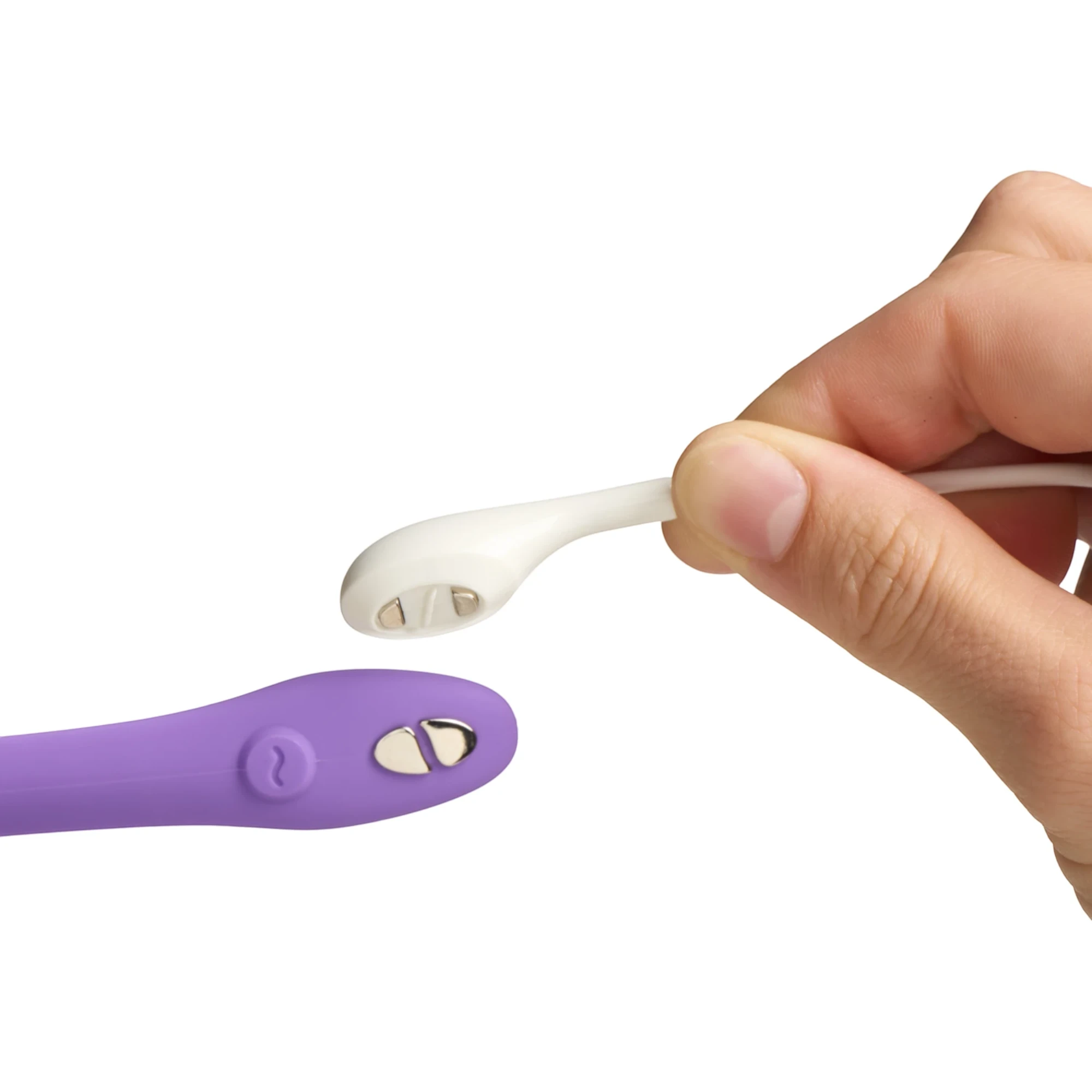 We-Vibe Jive Lite purple wearable love egg vibrator with white wireless remote control held in hands against white background