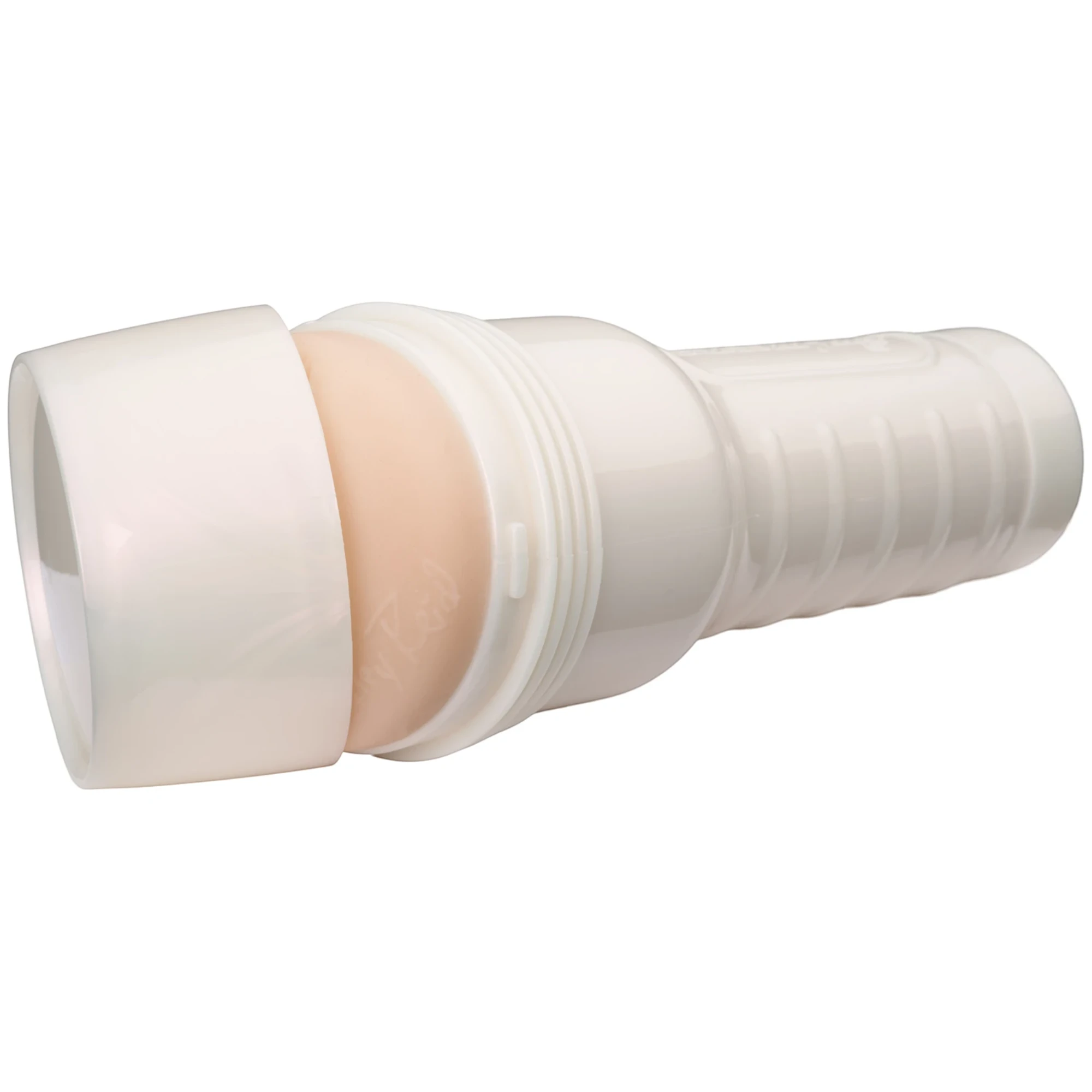 Fleshlight Riley Reid Utopia realistic male stroker shown from side displaying white ribbed outer casing, removable white cap, flesh-tone internal sleeve visible at opening, threaded connector ring, and cylindrical body against white background