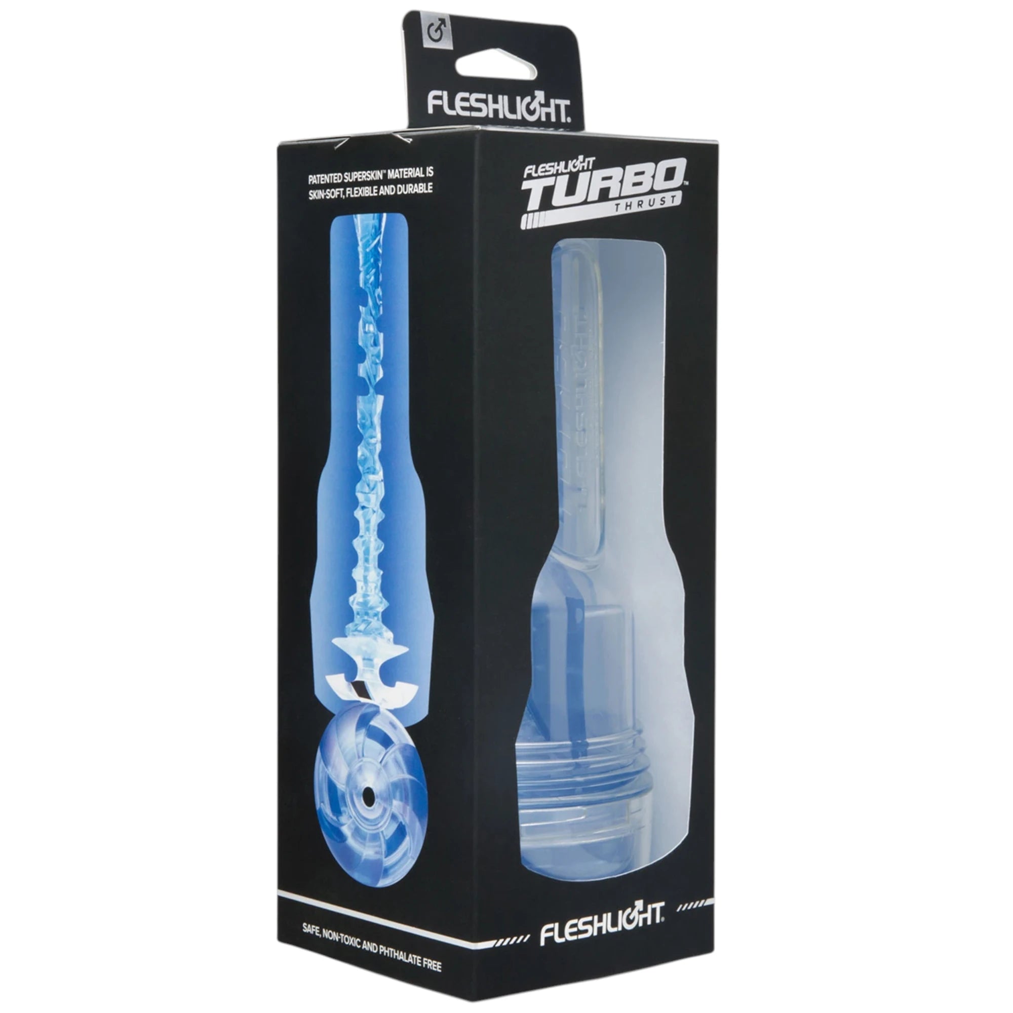 Fleshlight Turbo Thrust blow job masturbator packaging box in black shown from front displaying product images in window cutouts, 'Turbo Thrust' branding, blue TPE texture pattern diagram, transparent casing view, 'Patented Superskin Material' text, Fleshlight branding, and 'Safe, Non-Toxic and Phthalate Free' label against white background