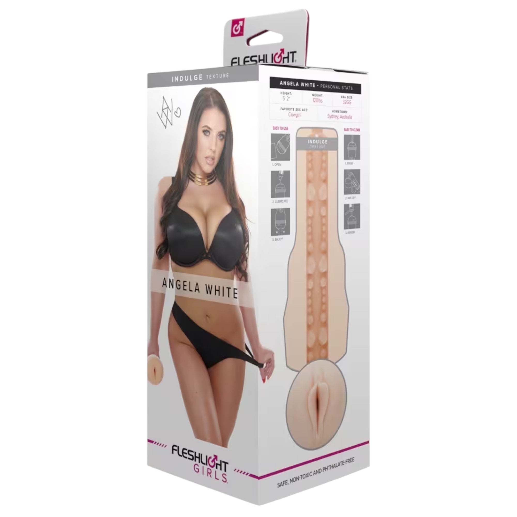 Fleshlight Girls Angela White Indulge Texture packaging box with grey header, white body featuring Angela White portrait and signature, product texture details on right side with personal stats, and Fleshlight Girls branding with pink accents against white background
