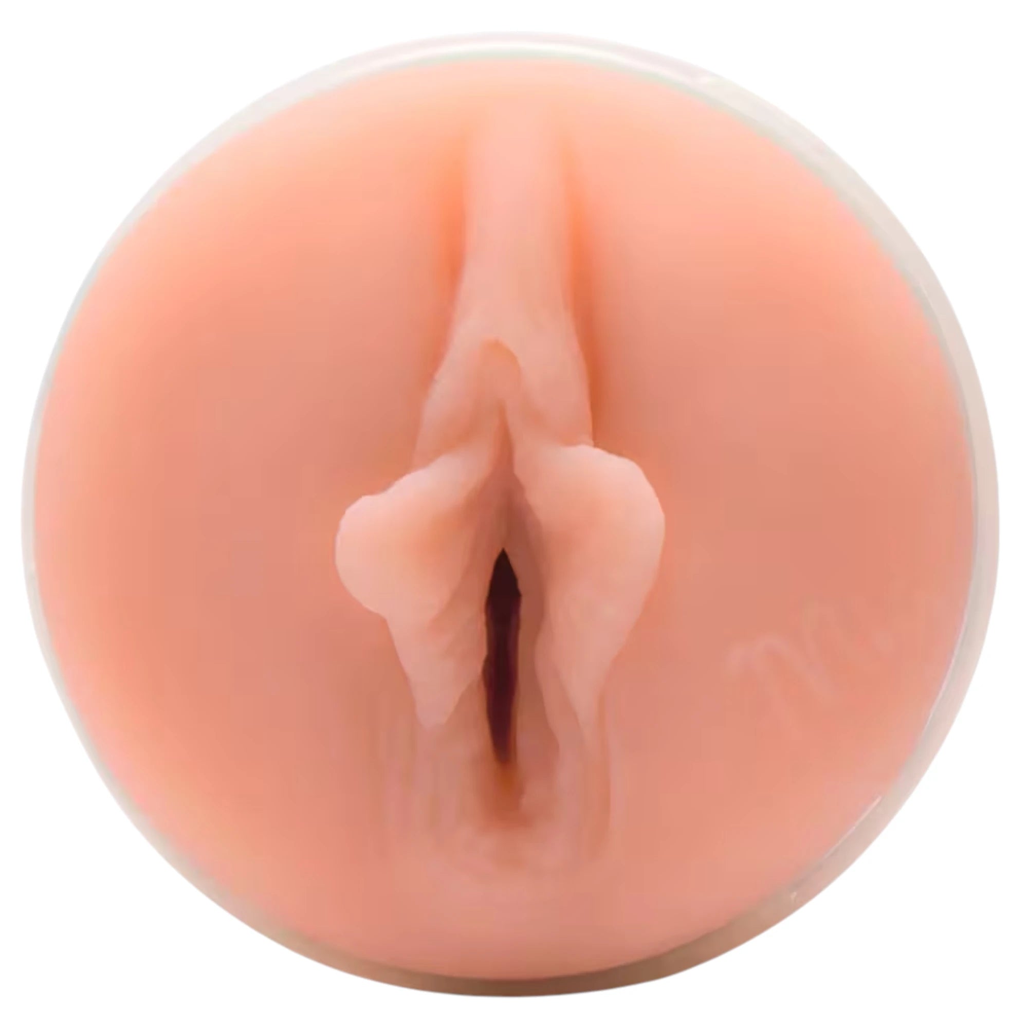 Fleshlight Mia Malkova Lvl Up texture female masturbator shown from front displaying realistic beige TPE opening with detailed texture, white casing, and smooth outer surface against white background