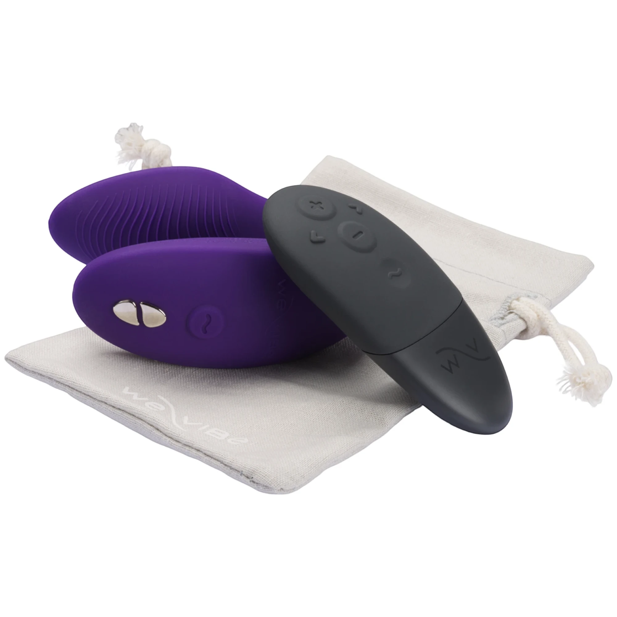 We-Vibe Sync 2 purple couples vibrator with black wireless remote and cream cotton storage pouch against white background