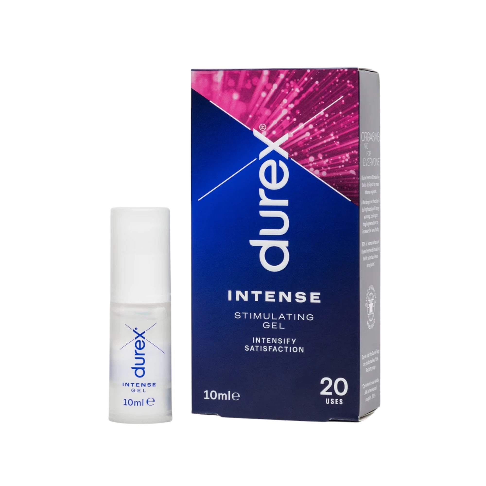 Durex Play Intense clitoral stimulating gel 10ml bottle shown from front displaying white roll-on applicator, clear gel formula, Durex branding, 'Intense Gel' label, 'Intensely Satisfaction' text, displayed alongside navy and pink packaging box showing '20 uses' against white background