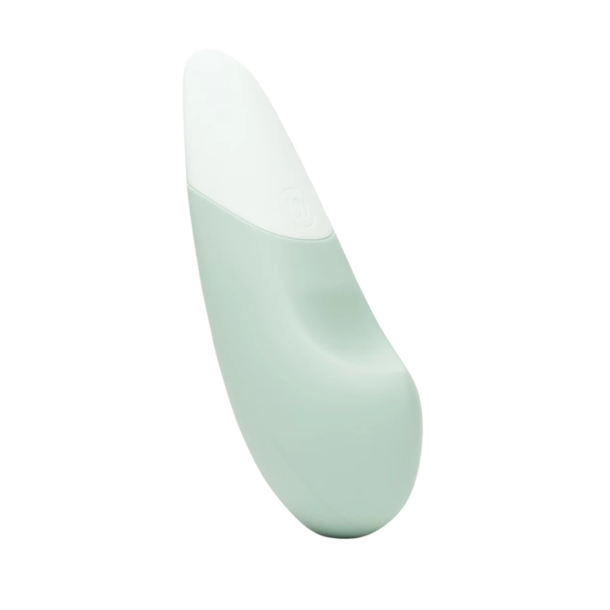 Womanizer Vibe rechargeable lay-on clitoral vibrator in mint green, shown at an angled front view with a smooth curved body, white tip section and the Womanizer “W” logo on the upper panel against a white background
