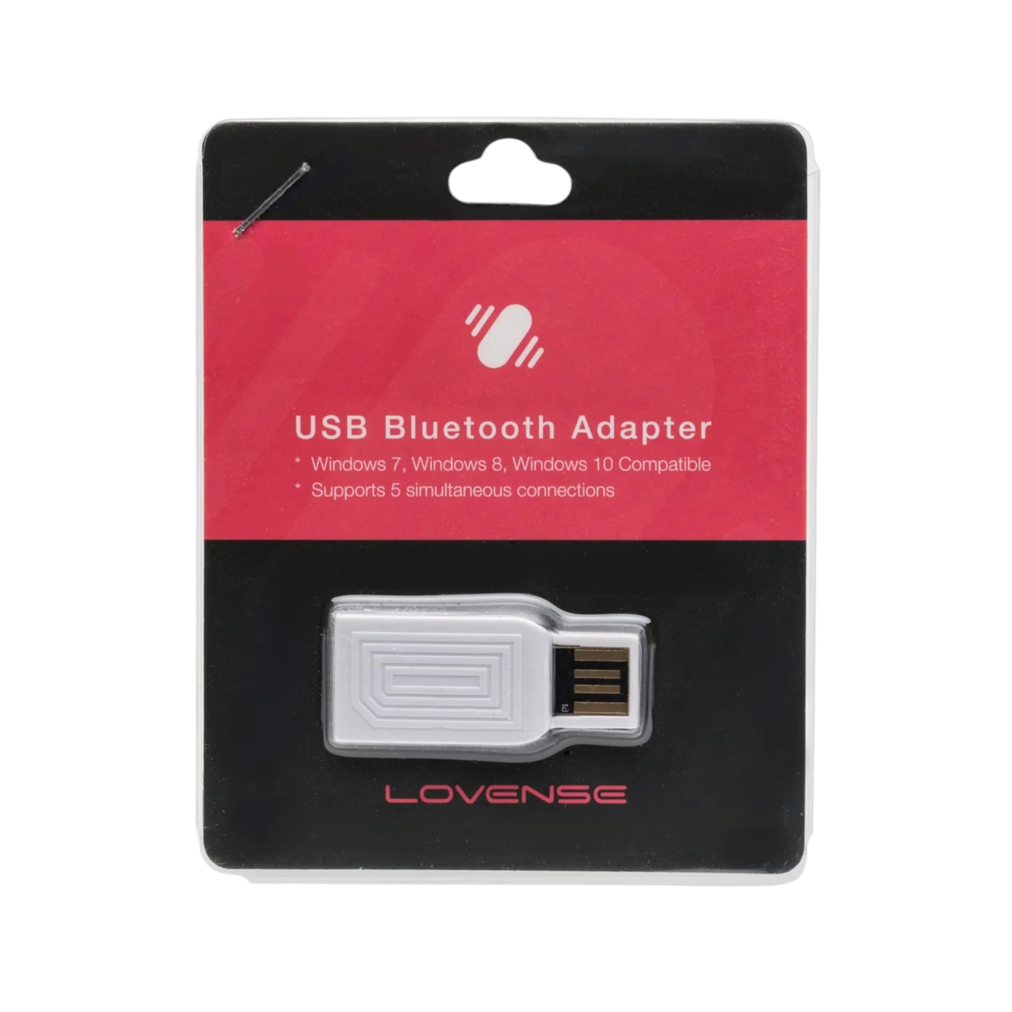 Lovense USB Bluetooth Adaptor packaging card shown from front displaying black and red design, white cloud-shaped hanging tab, Lovense logo icon, 'USB Bluetooth Adapter' text, compatibility information for Windows 7/8/10, '5 simultaneous connections' feature, product image of white adaptor with gold USB connector, and Lovense branding against white background