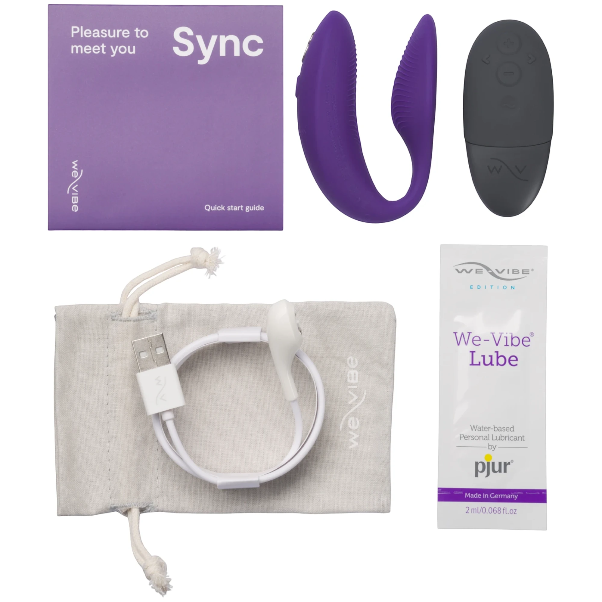We-Vibe Sync 2 unboxed showing quick start guide, purple couples vibrator, black wireless remote, USB charging cable, storage pouch, and water-based lubricant against white background
