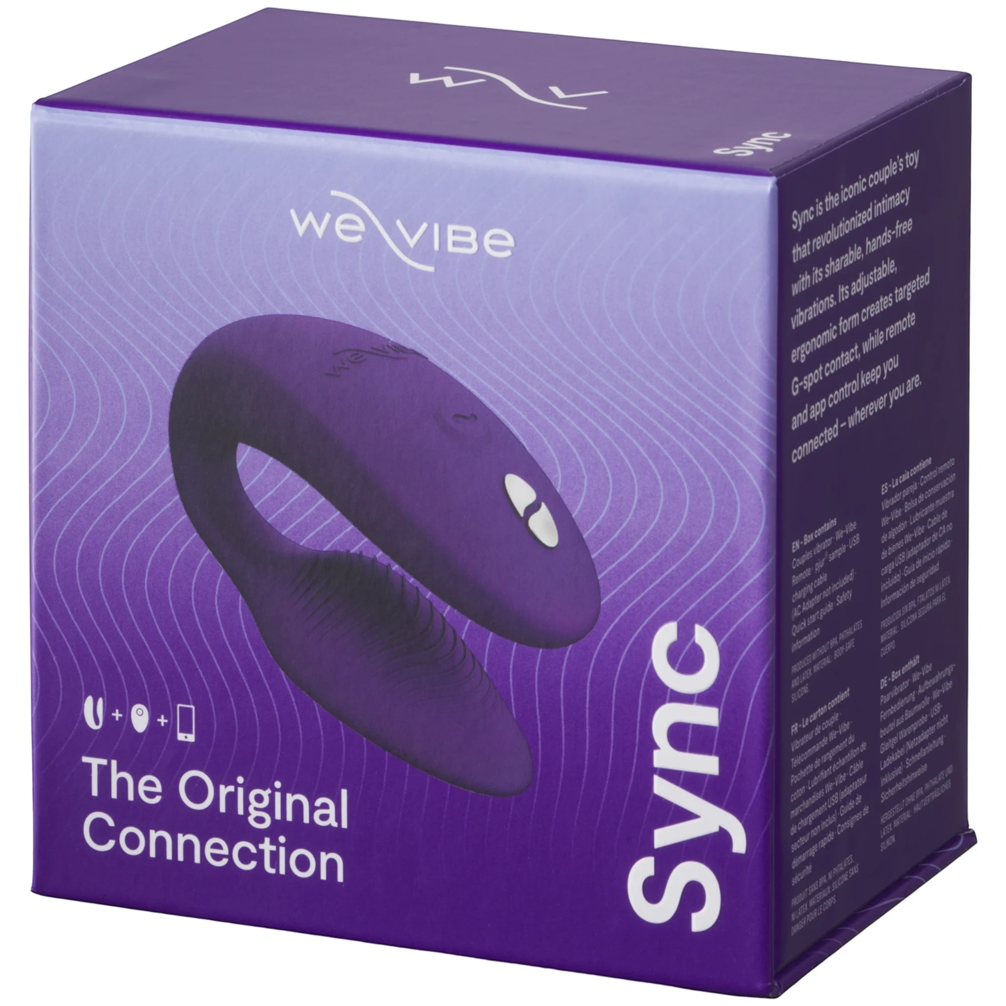 We-Vibe Sync packaging box in purple with product image and "The Original Connection" tagline against white background