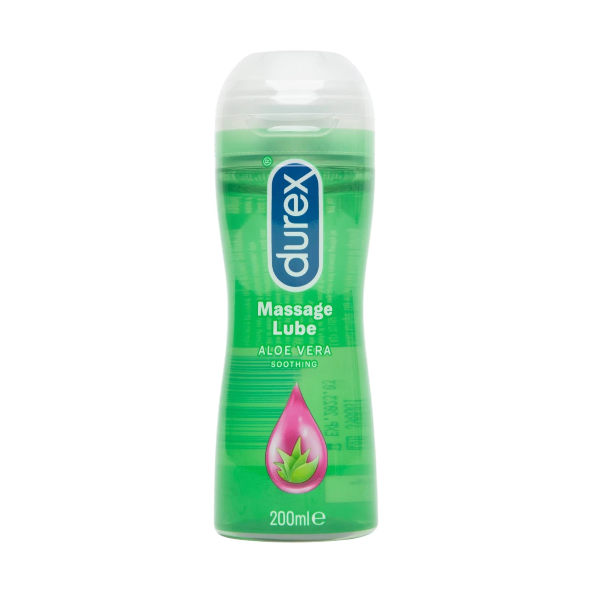 Durex Play Massage 2 in 1 Soothing water-based lubricant 200ml bottle shown from front displaying clear flip-top cap, green gel formula, Durex branding, 'Massage Lube' label, 'Aloe Vera Soothing' text, and aloe droplet icon against white background