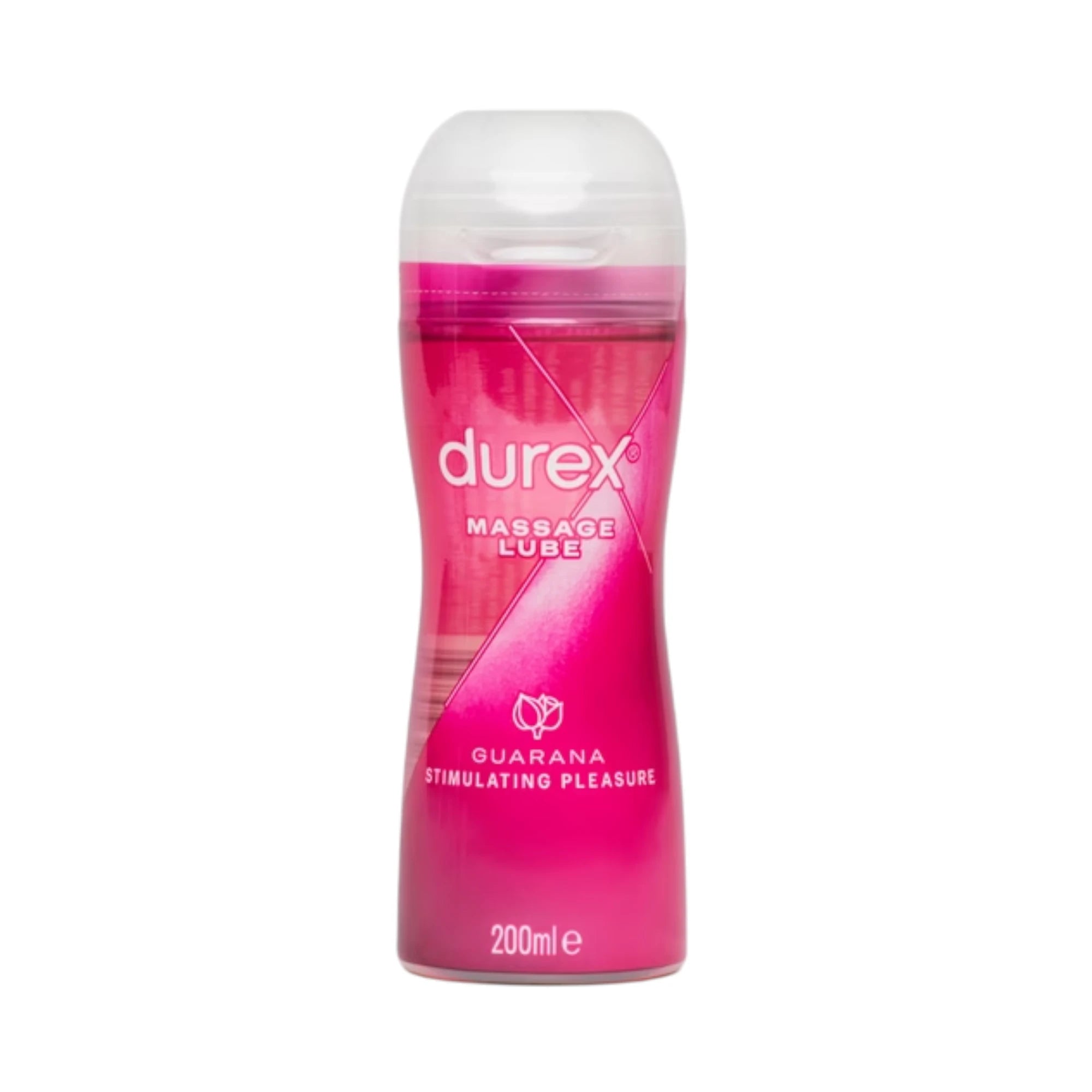 Durex Play Massage 2 in 1 Stimulating water-based lubricant 200ml bottle shown from front displaying clear flip-top cap, hot pink gel formula, Durex branding, 'Massage Lube' label, 'Guarana Stimulating Pleasure' text, and leaf icon against white background