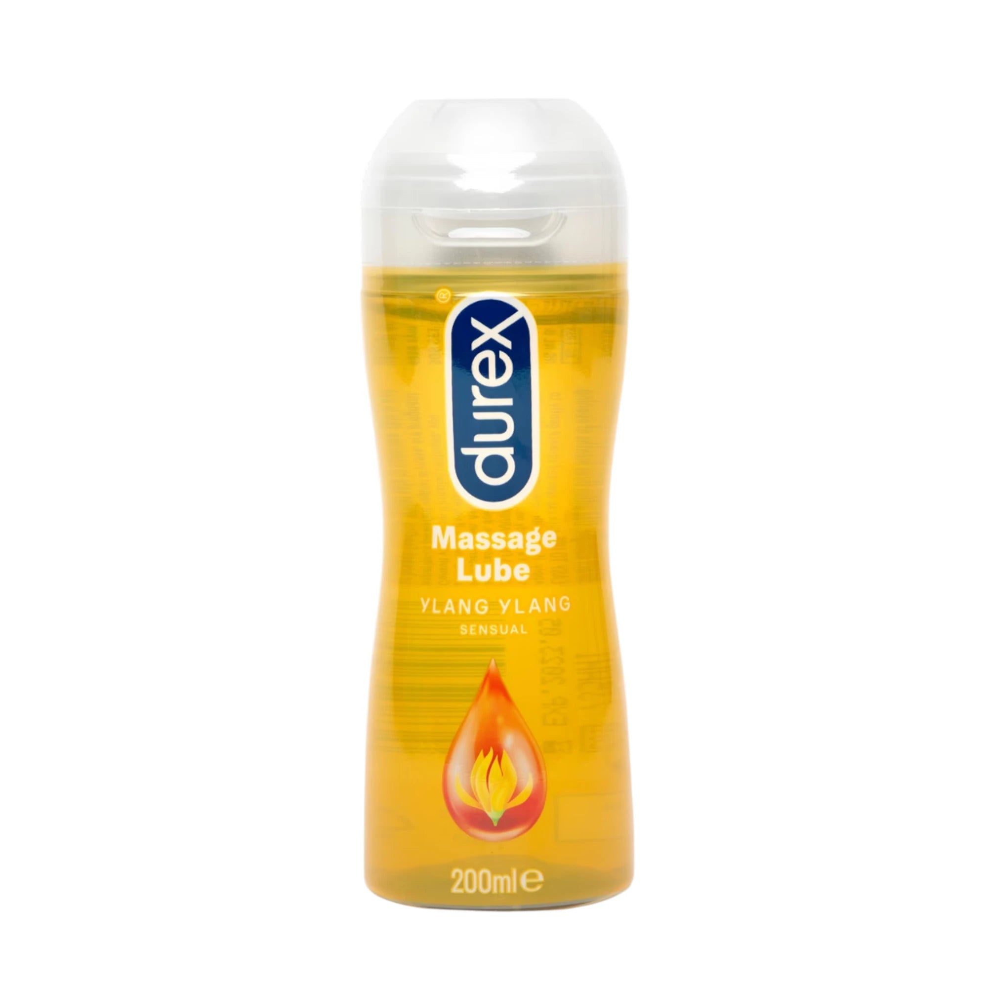 Durex Play Massage 2 in 1 Sensual water-based lubricant 200ml bottle shown from front displaying clear flip-top cap, yellow gel formula, Durex branding, 'Massage Lube' label, 'Ylang Ylang Sensual' text, and flame droplet icon against white background