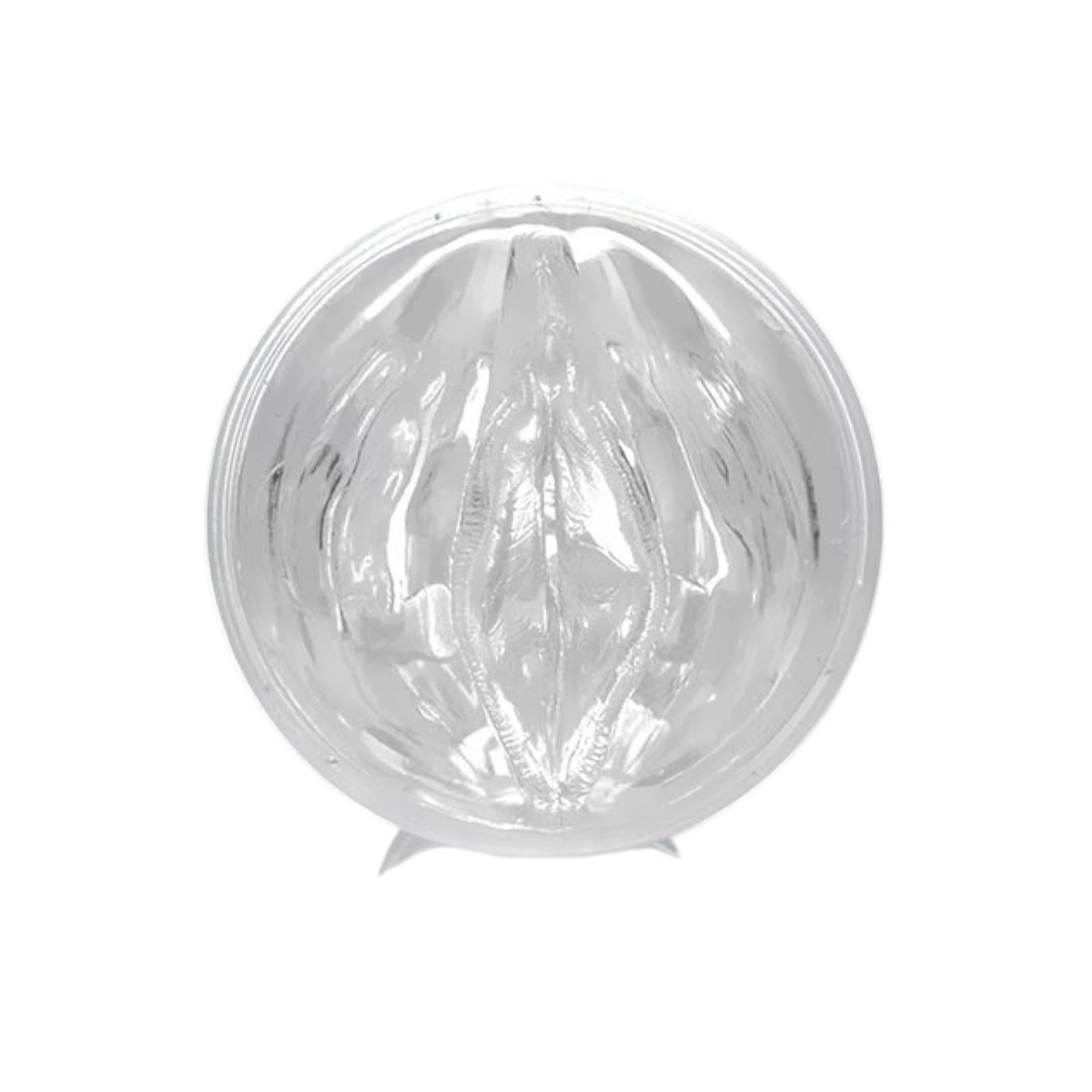 Fleshlight Ice Lady Crystal male masturbator shown from top-down view displaying detailed transparent TPE interior texture pattern with radiating ridges and central opening against white background