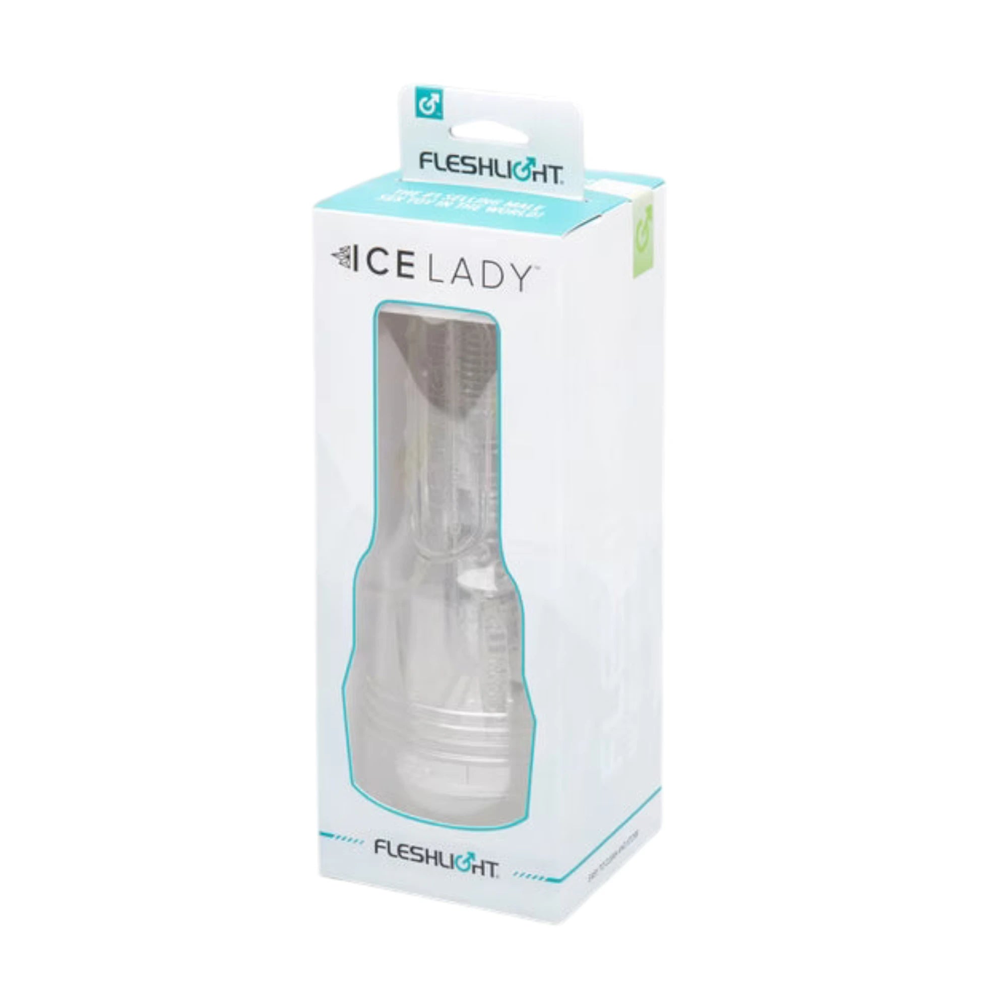 Fleshlight Ice Lady Crystal male masturbator packaging box in white and light blue shown from front displaying Fleshlight branding, 'Ice Lady' text, and window cutout revealing clear textured sleeve and transparent casing against white background