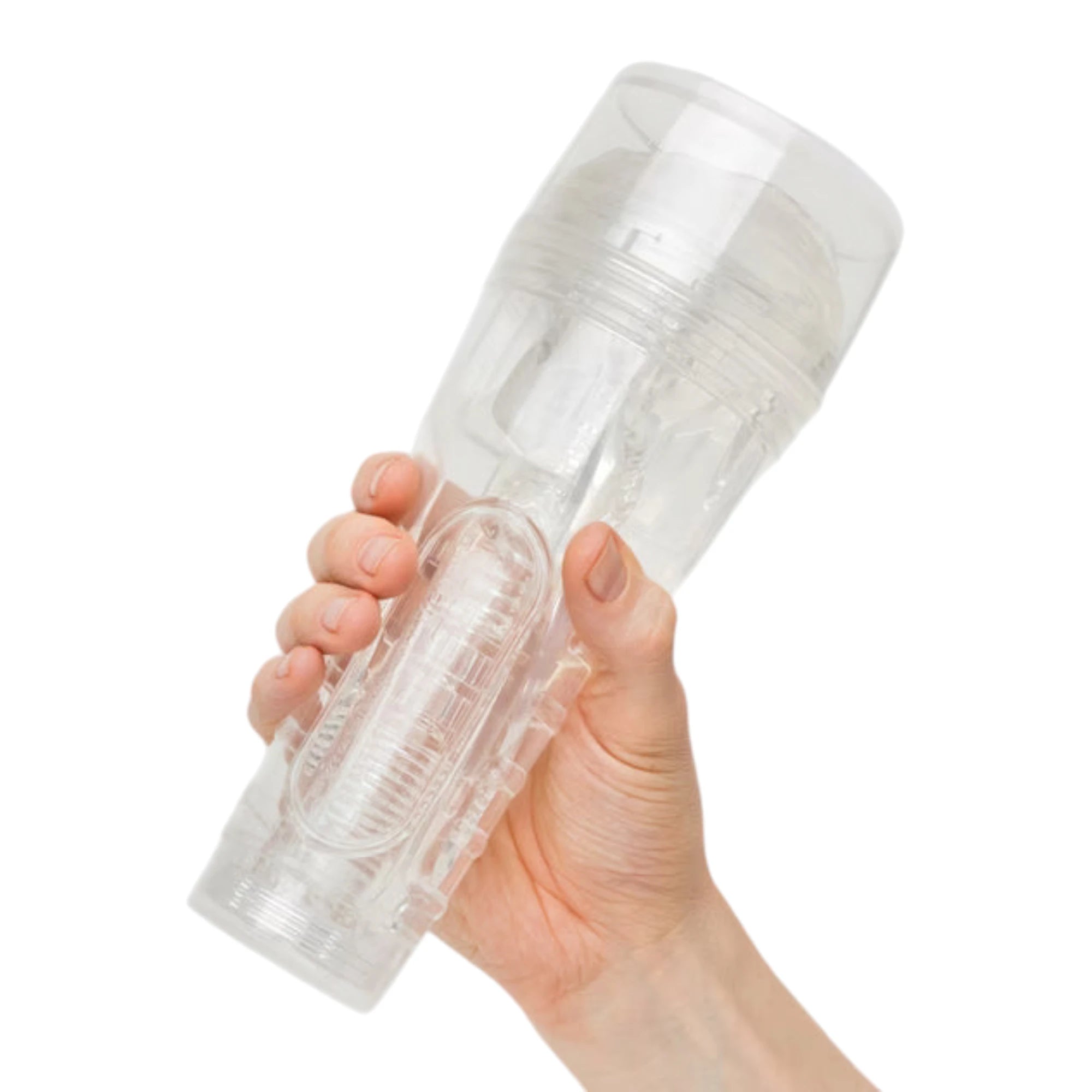 Fleshlight Ice Lady Crystal male masturbator held in hand displaying transparent TPE material, ribbed casing with texture details, removable cap, and compact cylindrical design against white background