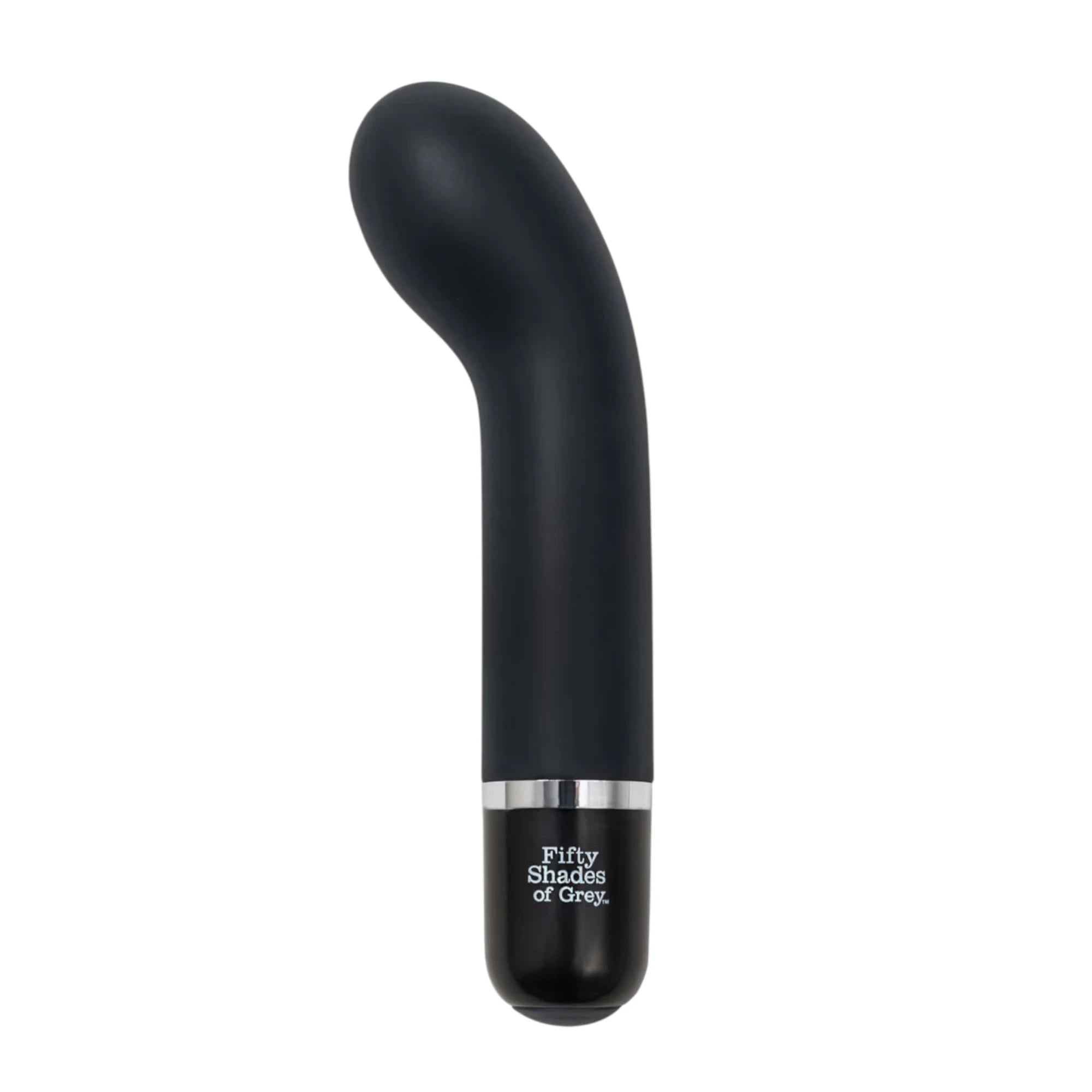Fifty Shades of Grey Insatiable Desire mini G-spot vibrator in black silicone shown from front displaying curved bulbous tip, slim handle, silver accent ring, and Fifty Shades of Grey branding against white background