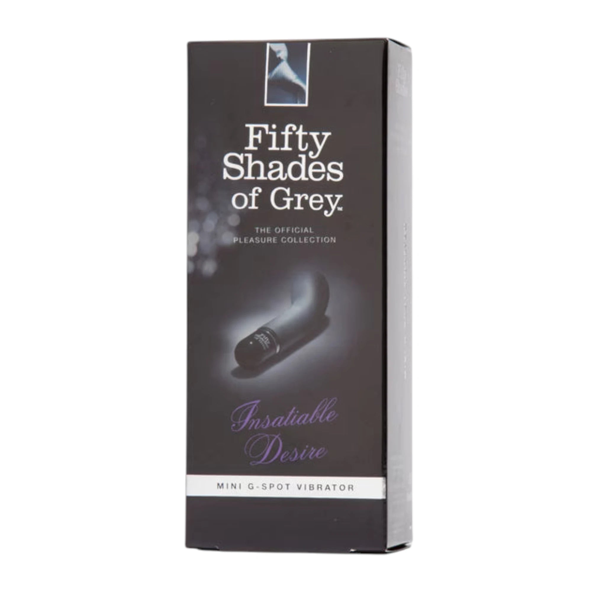 Fifty Shades of Grey Insatiable Desire mini G-spot vibrator packaging box in dark grey with 'Fifty Shades of Grey The Official Pleasure Collection' branding, product image, 'Insatiable Desire' text in purple, and 'Mini G-Spot Vibrator' label against white background
