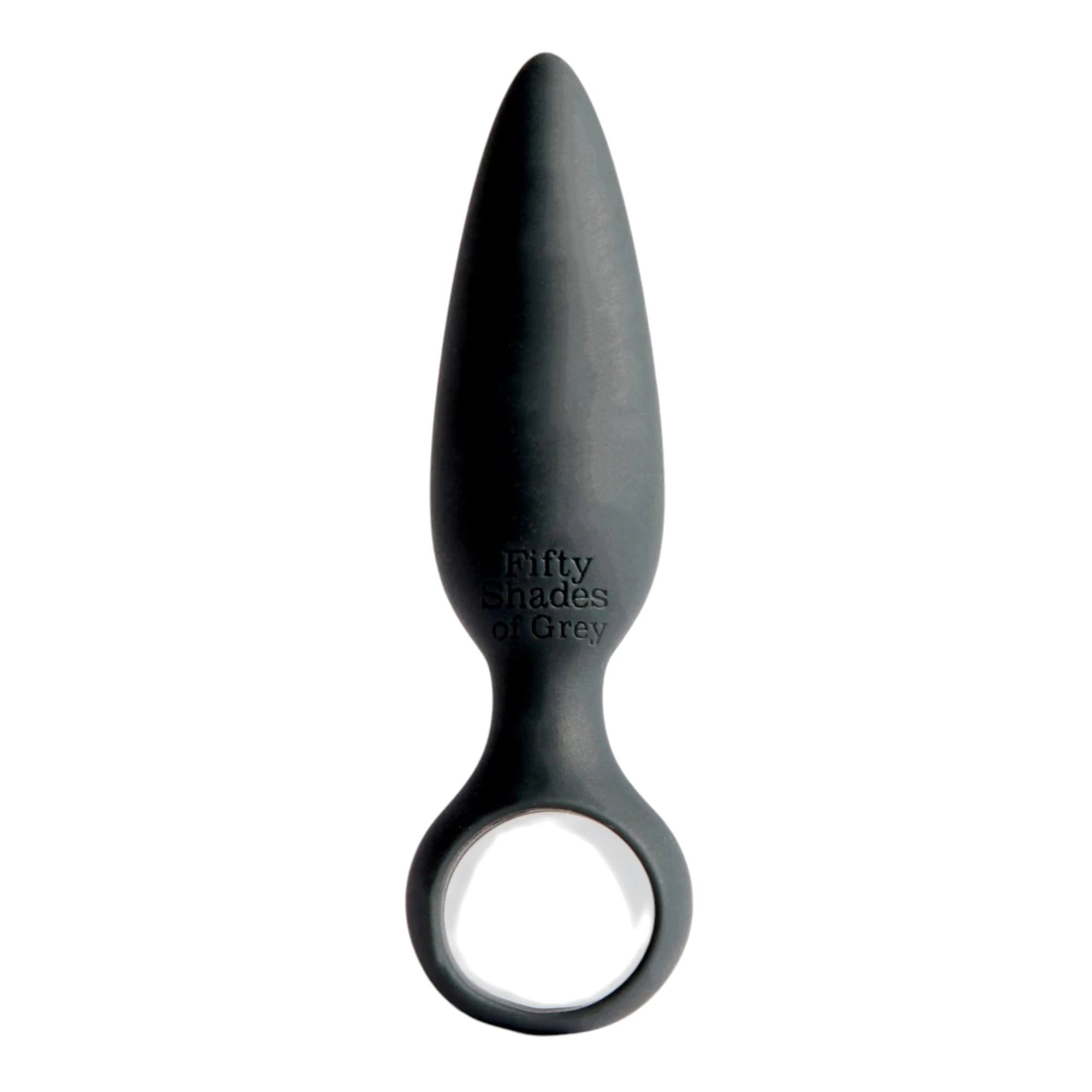 Fifty Shades of Grey Come Hither silicone anal plug in black shown from front displaying tapered bulbous tip, finger loop base, and Fifty Shades of Grey branding against white background